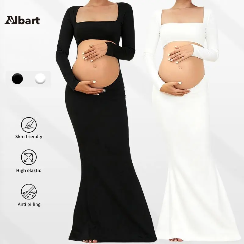 Women Square Neck Long Sleeve Maternity Maxi Dress, Open Back Cutout Slim Bodycon Mermaid Pregnancy Dress, Soft High Stretch Fitted Maternity Gown, Elegant Maternity Dress For Baby Shower, Maternity Photoshoot, Daily Pregnant Wear, Black & White 2 Colors