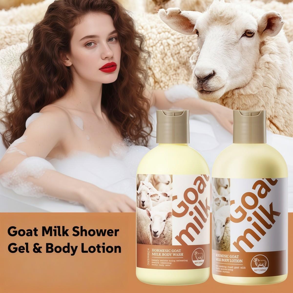 Goat Milk Body Wash & Body Lotion 250ml Set,Moisturizing for Dry Skin,Gentle Cleansing,Long-Lasting Hydration,Soft Smooth Glowing Skin,Daily Skin Care,Nourishing Repair,Non-Greasy,Refresh & Brighten Skin