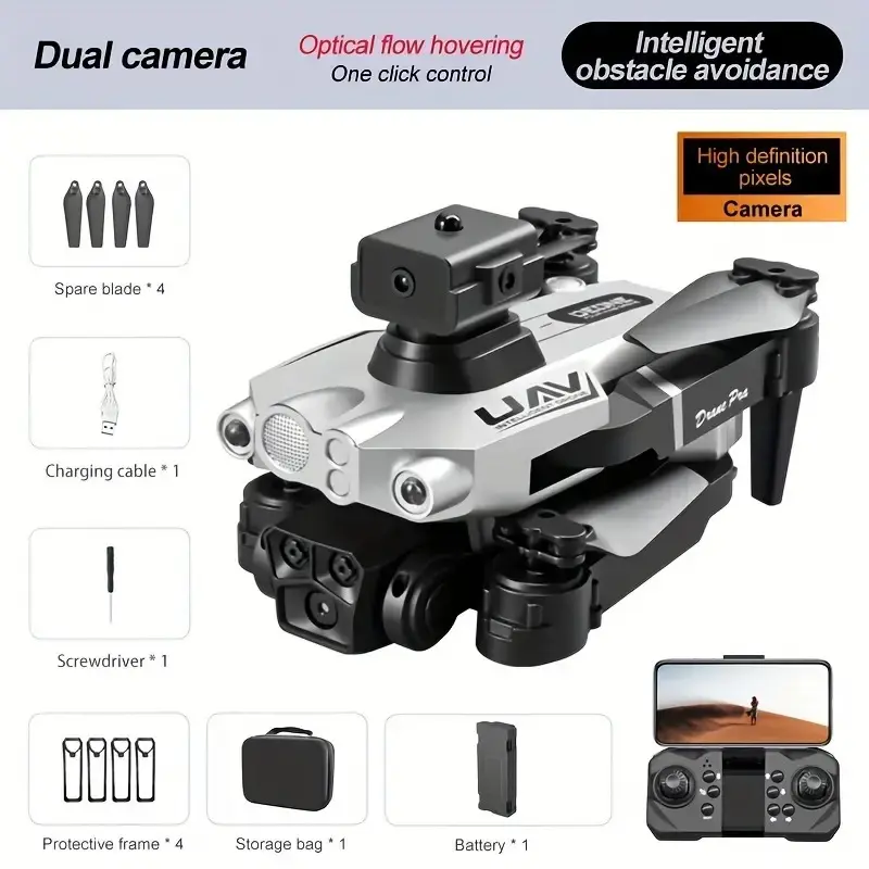 LU200 Silver Dual-Camera Drone, equipped with optical flow hovering and intelligent obstacle avoidance, supports one-key control for stable and safe HD aerial photography, beginner-friendly and easy to operate.