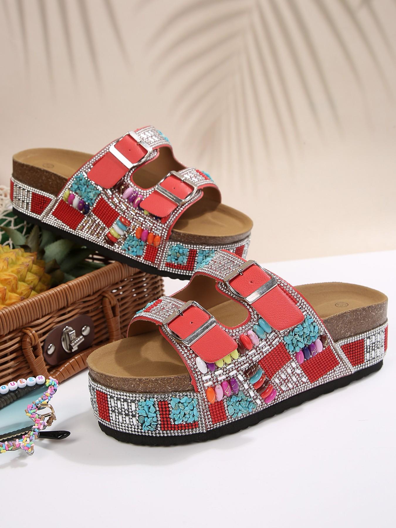 Women's Pearl and Sequin Decorated Flat Sandals, Fashionable Summer Shoes, Casual Open-Toe Walking Shoes, Back-To-School Essential, Footwear, Fashionable Slide Sandals