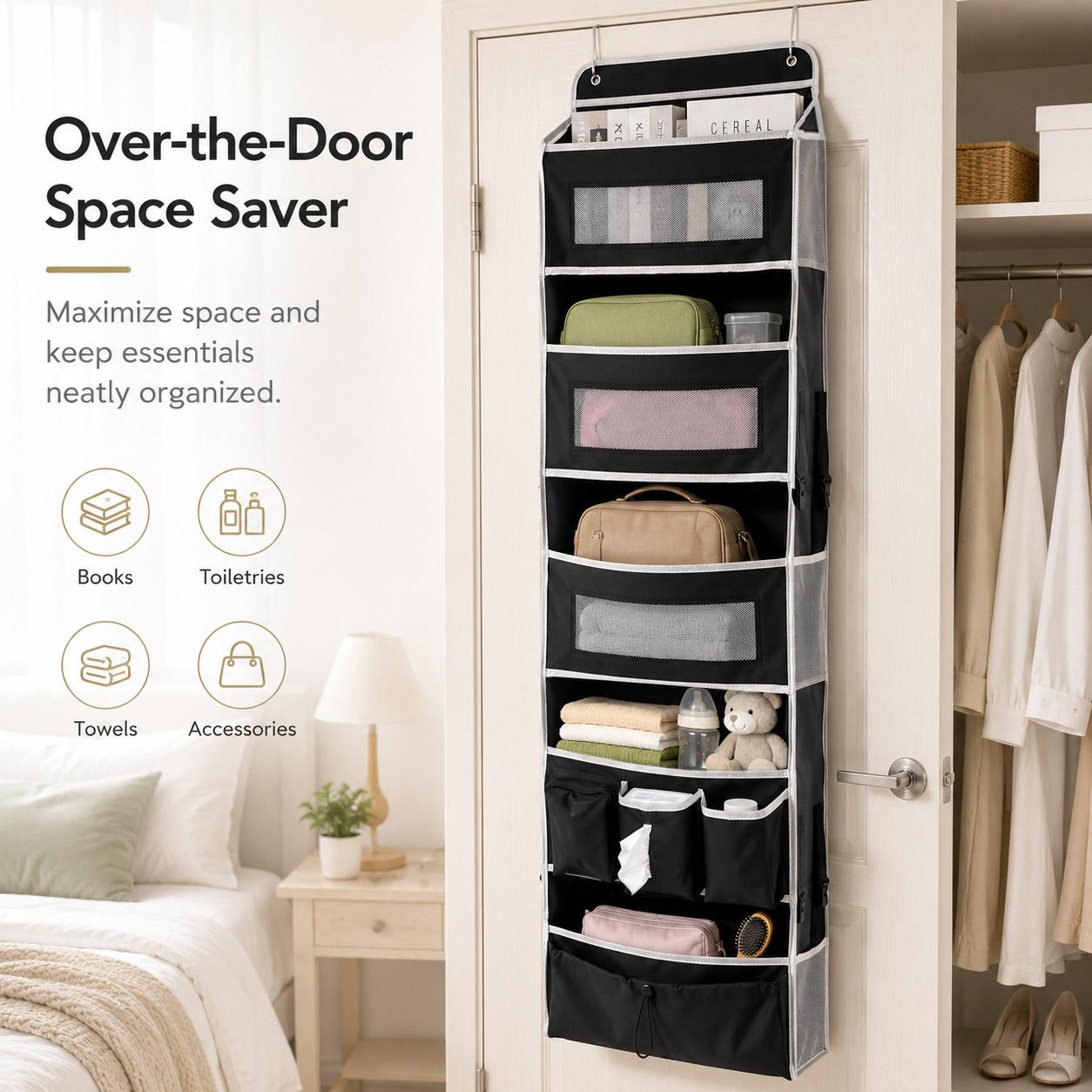 1 Pack Over The Door Organizer Storage Hanging Organizer Closet with 5 Large Pockets 6 Mesh Pockets 50 lbs Weight Capacity Behind Door Storage for Closet Nursery Bedroom Bathroom (Black) 1 Pack Over The Door Organizer Storage Hanging Organizer Closet with 5 Large Pockets 6 Mesh Pockets 50 lbs Weight Capacity Behind Door Storage for Closet Nursery Bedroom Bathroom (Black)