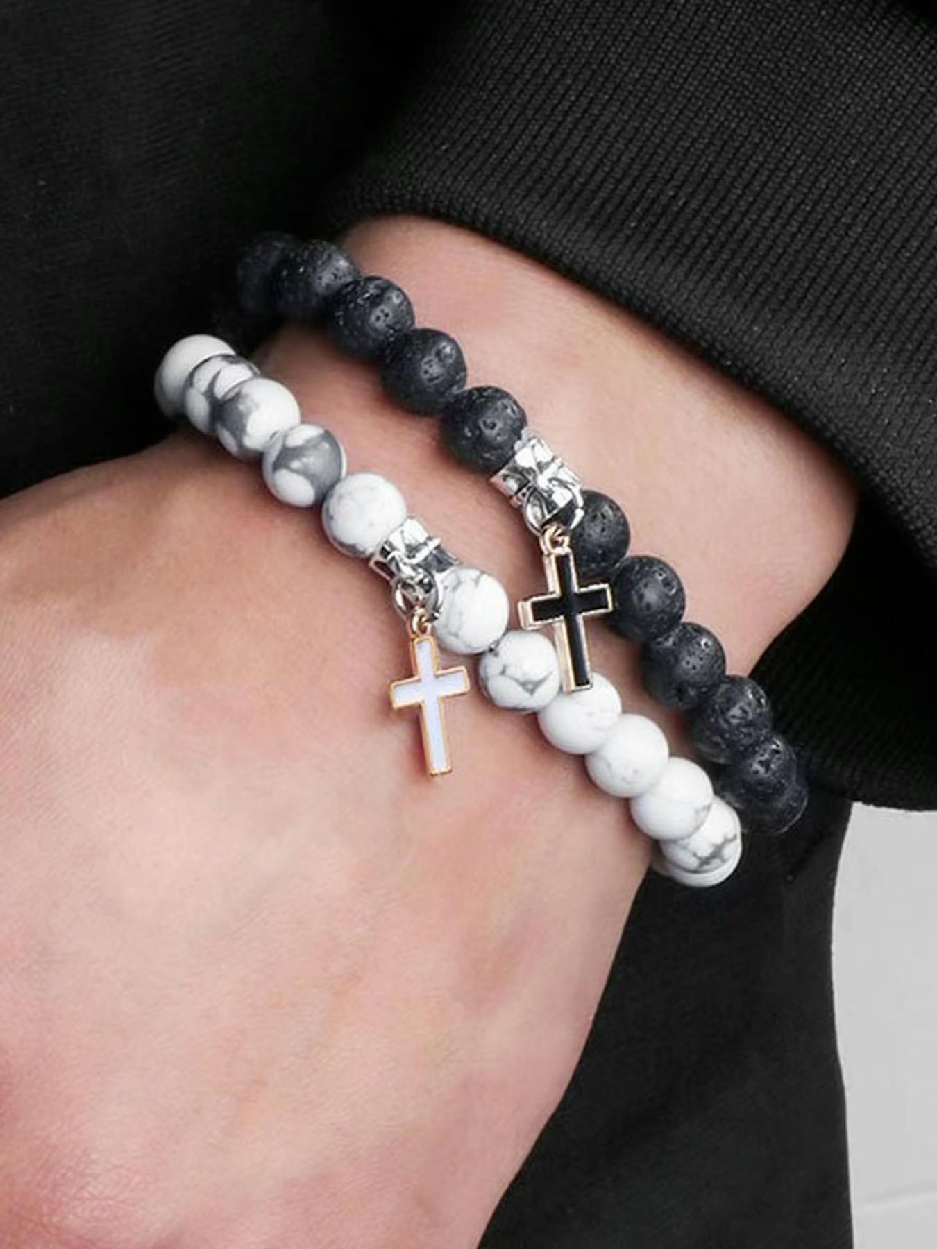 Men's Watch & Bracelet & Pendant Necklace Set,Stone & Cross Charm Decor Beaded Set, Stackable Bracelets, Fashionable Jewelry for Women & Men, Trendy All-match & Exquisite Jewelry for Birthday Gift
