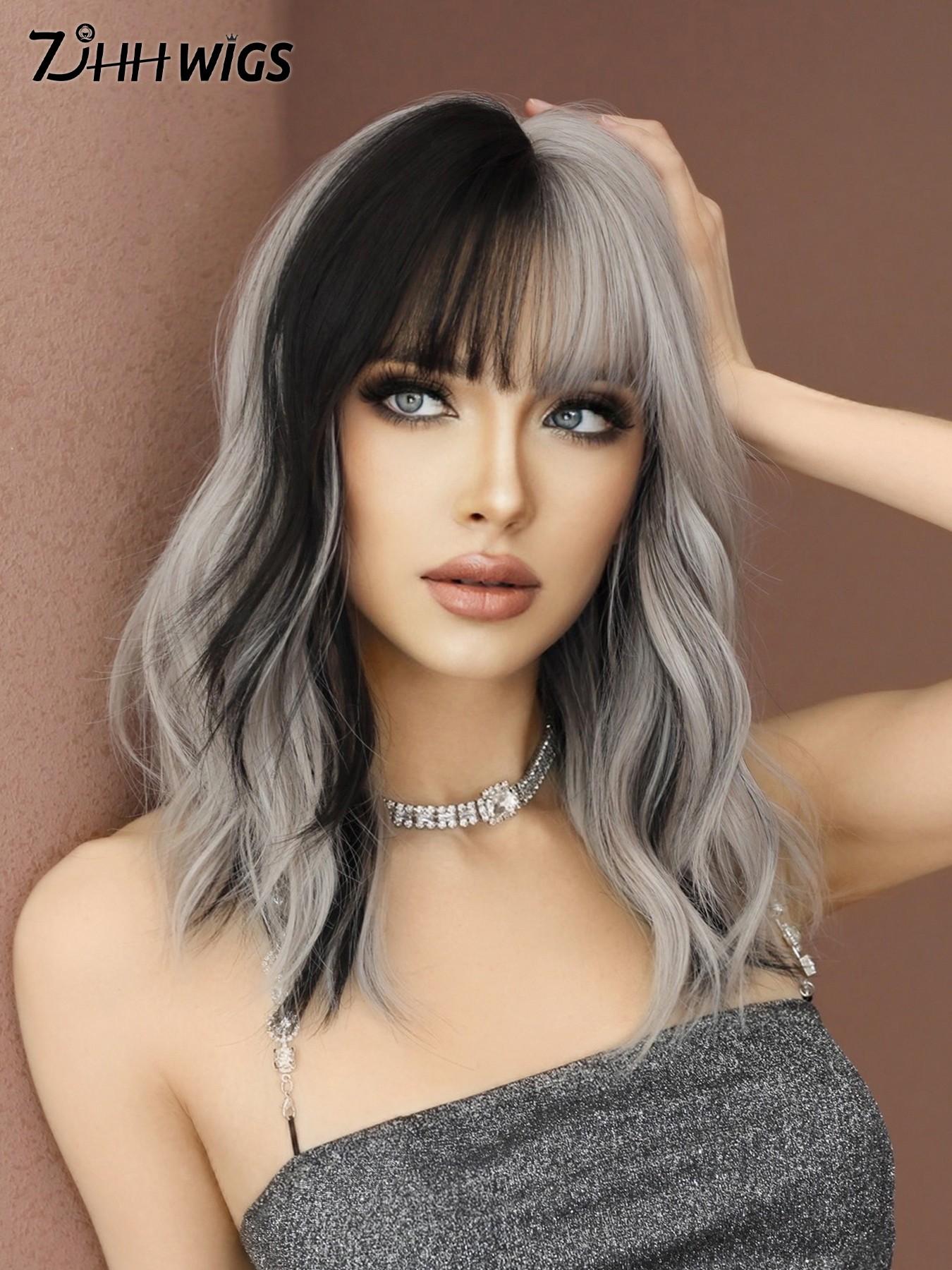 Two Tone Wig Silver Ash Pink Curly Wigs For Women 16 Inch Shoulder Length Wavy Wig With Bangs Synthetic Heat Resistant Fiber Beautiful Fluffy Wigs For Girls Daily Party Cosplay Use Beginner Birthday Gifts Synthetic Wavy Hairstyle ( Black Highlight Hair )