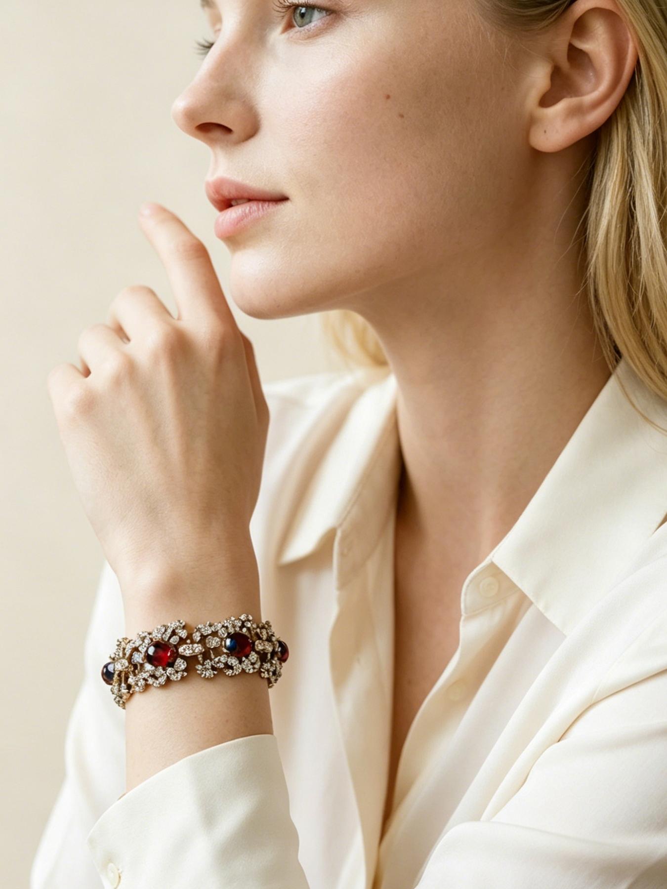 A gorgeous bracelet made of ruby-colored glass and clear crystal, suitable for daily commuting, vacation dates, and also a delightful little gift.