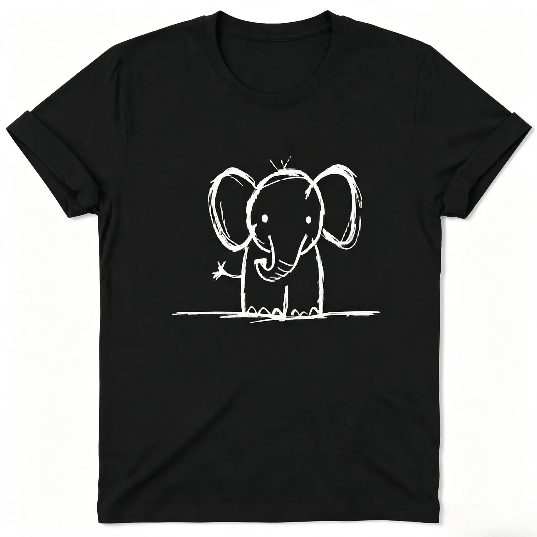 Minimal White Sketch Cute Elephant Graphic Cotton T-Shirt, Oversized Comfort Fashion Outfit, Simple Animal Casual Top, Perfect Valentine's Day Holiday Gift for Lovers, Family, Friends For Him Her
