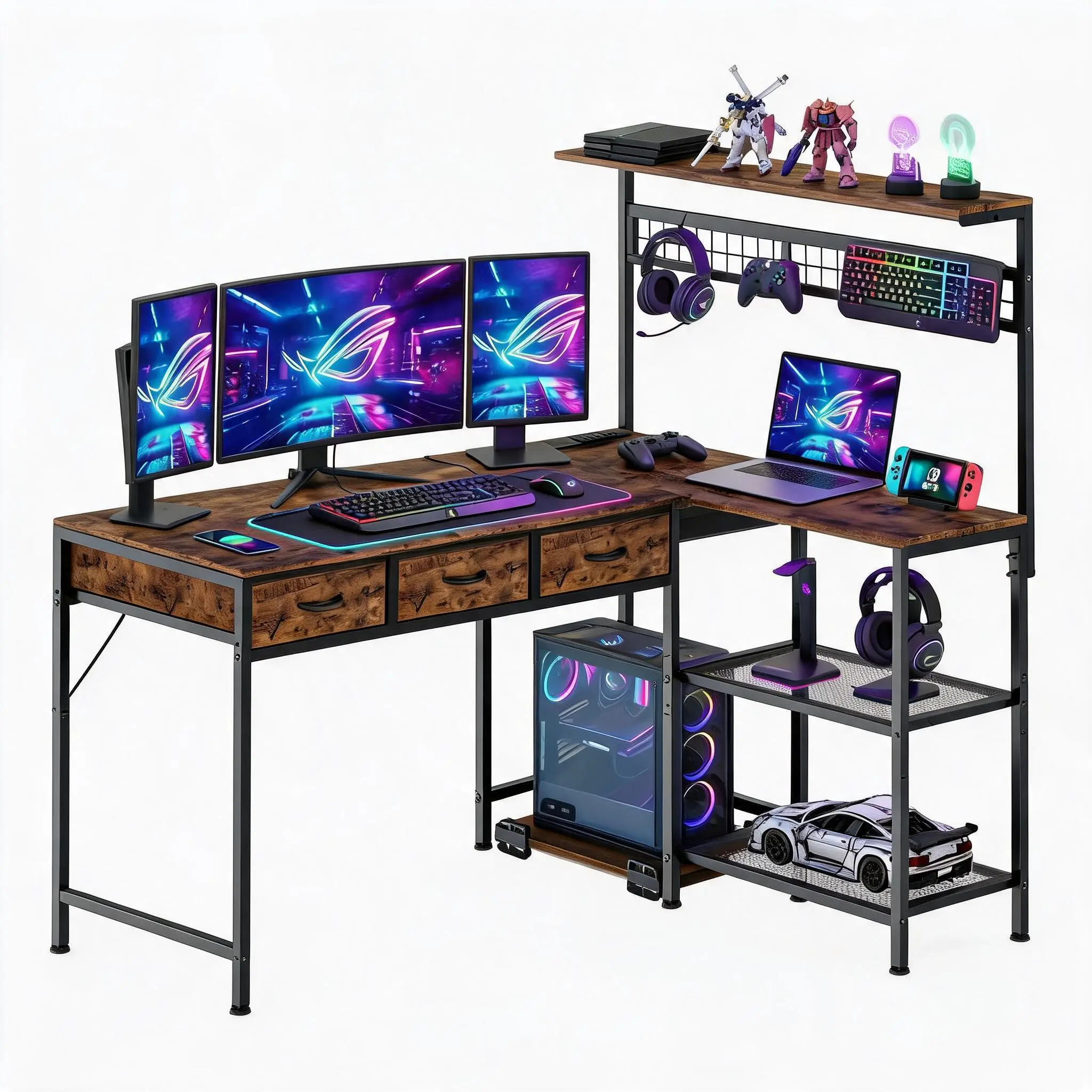 Reversible 50.4" L-Shaped Computer Desk with Power Outlets & LED RGB Lights - Corner Gaming Desk, 3 Drawers, Hutch & 3-Tier Storage Shelves, Industrial Home Office Workstation