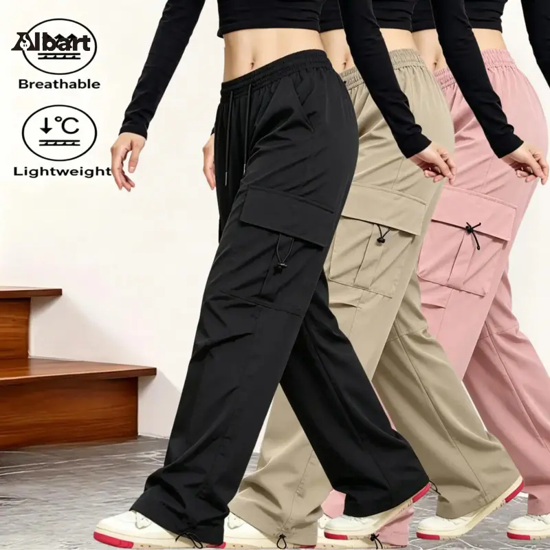 AIbart Women's Polyester Knitting Cargo Pants - Low Waist, Breathable, Lightweight, Slight Stretch, Solid Plain, Multi Pockets, Baggy Loose-Fit, Comfortable All Seasons Bottoms for Casual Wear, Work, Khaki, Purple, Pink, 1 Piece