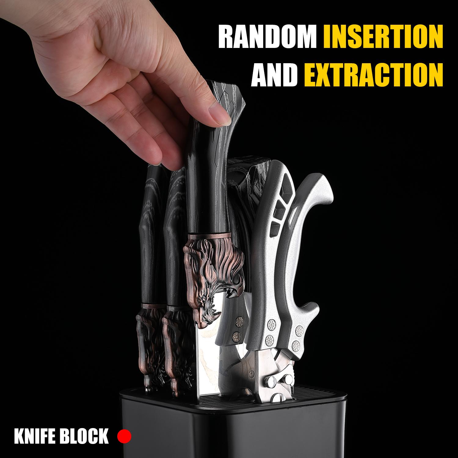 8pc kitchen knife set - Damascus laser pattern, kitchenware, black anti-wood grain plastic handle, knife stand storage convenient, cutting vegetables, cutting meat slaughtering, multi-functional scissors, outdoor camping, holiday gifts, local warehouse