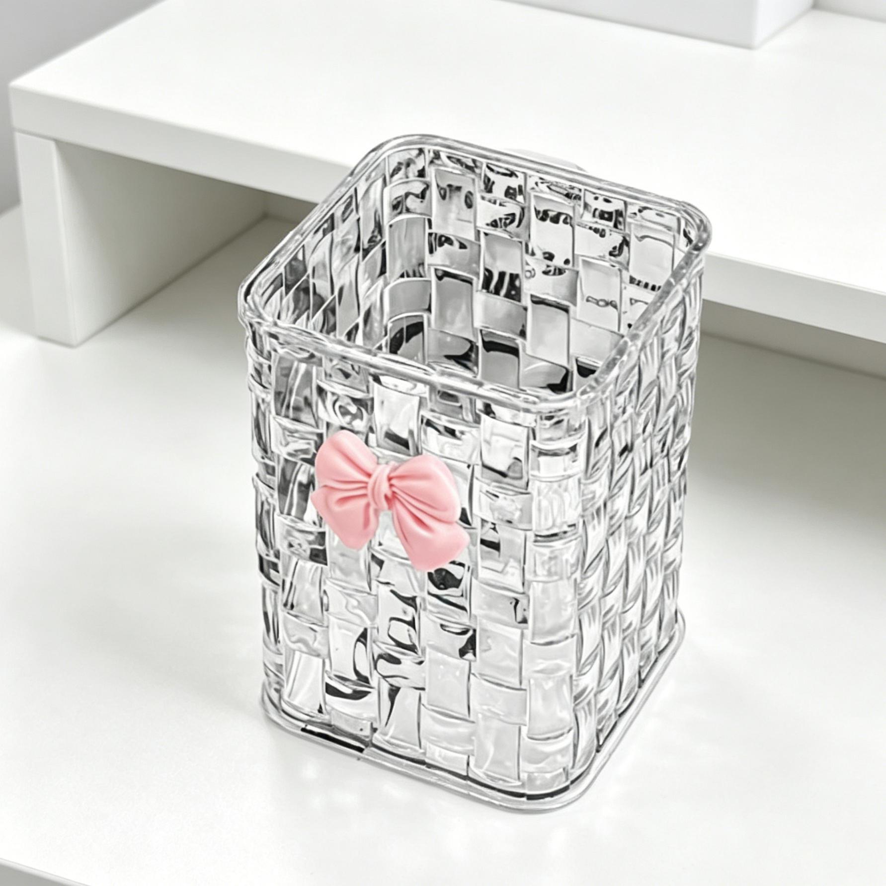 Transparent acrylic makeup brush holder + bow tie, creative makeup storage bucket, lipstick and pen organizer box, desktop decorative cosmetics storage box, Cosmetic Organizers, Clear Storage, Container Organizer