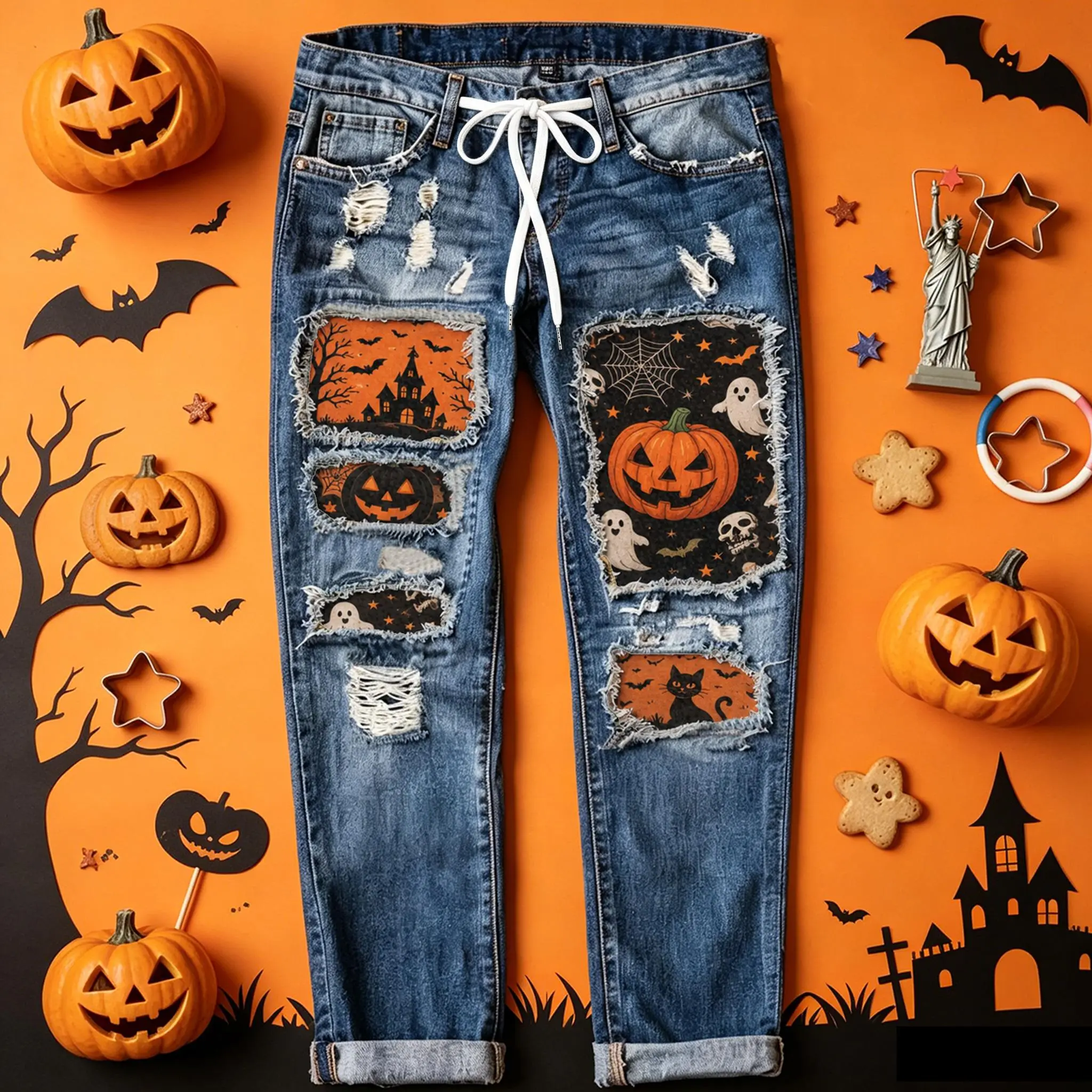 Women's Halloween Denim Bottoms - Patchwork, Ripped, Cuffed Straight-Leg Jeans with Pumpkin & Ghost Print, Vintage Washed, Everyday Casual Long Pants with Buttons
