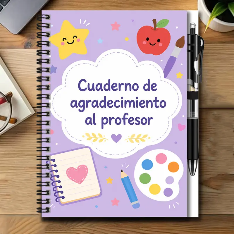 A simple 2D-style teacher appreciation spiral notebook and pen set, featuring a cute cover design and the words "Cuaderno de agradecimiento al profesor," is suitable for work and study records, diary writing, daily planning, and more. It is also a thought