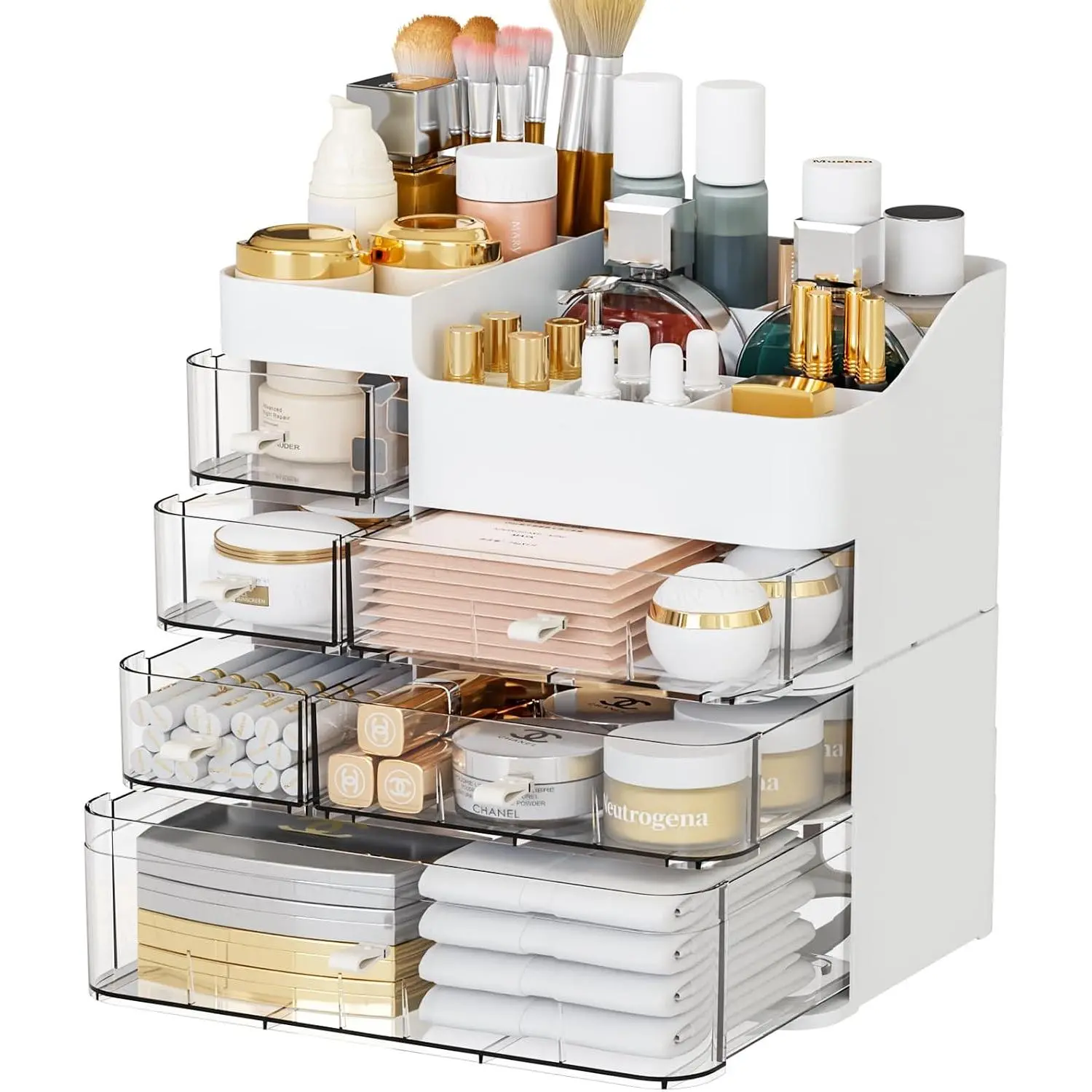 Makeup Organizer for ,Large 6 Drawers Make up Organizers for Counter,Plastic  Storage Organizer for Dresser Countertop or Bathroom,Beauty Holder for Lipstick,Brush,Skincare,White