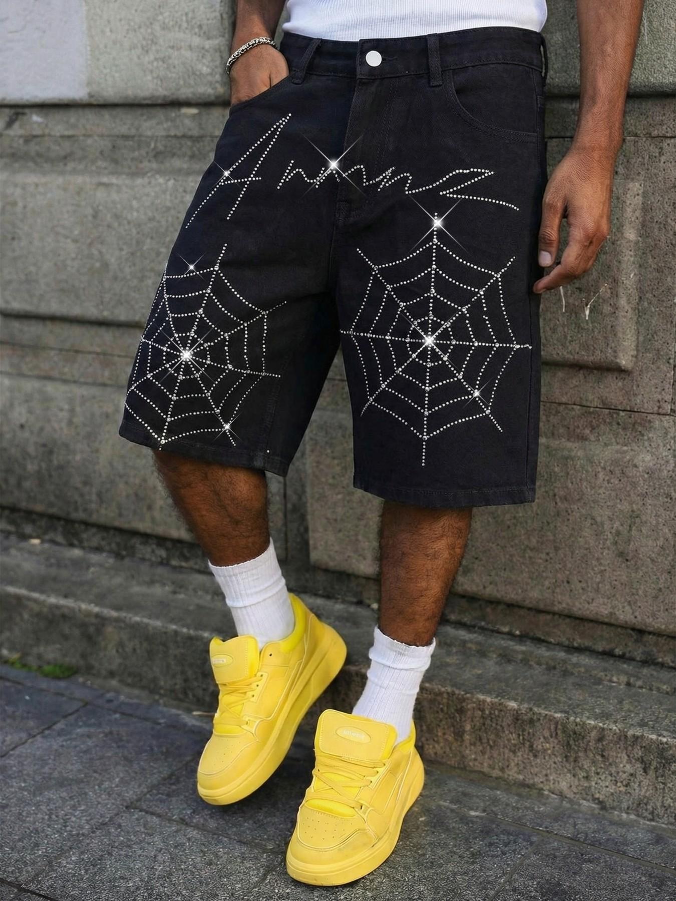 Men's Summer Rhinestone Spider Web Pattern Loose-Fit Straight Leg Denim Shorts, Streetwear Party Music Festival Casual Five-Pocket Pants