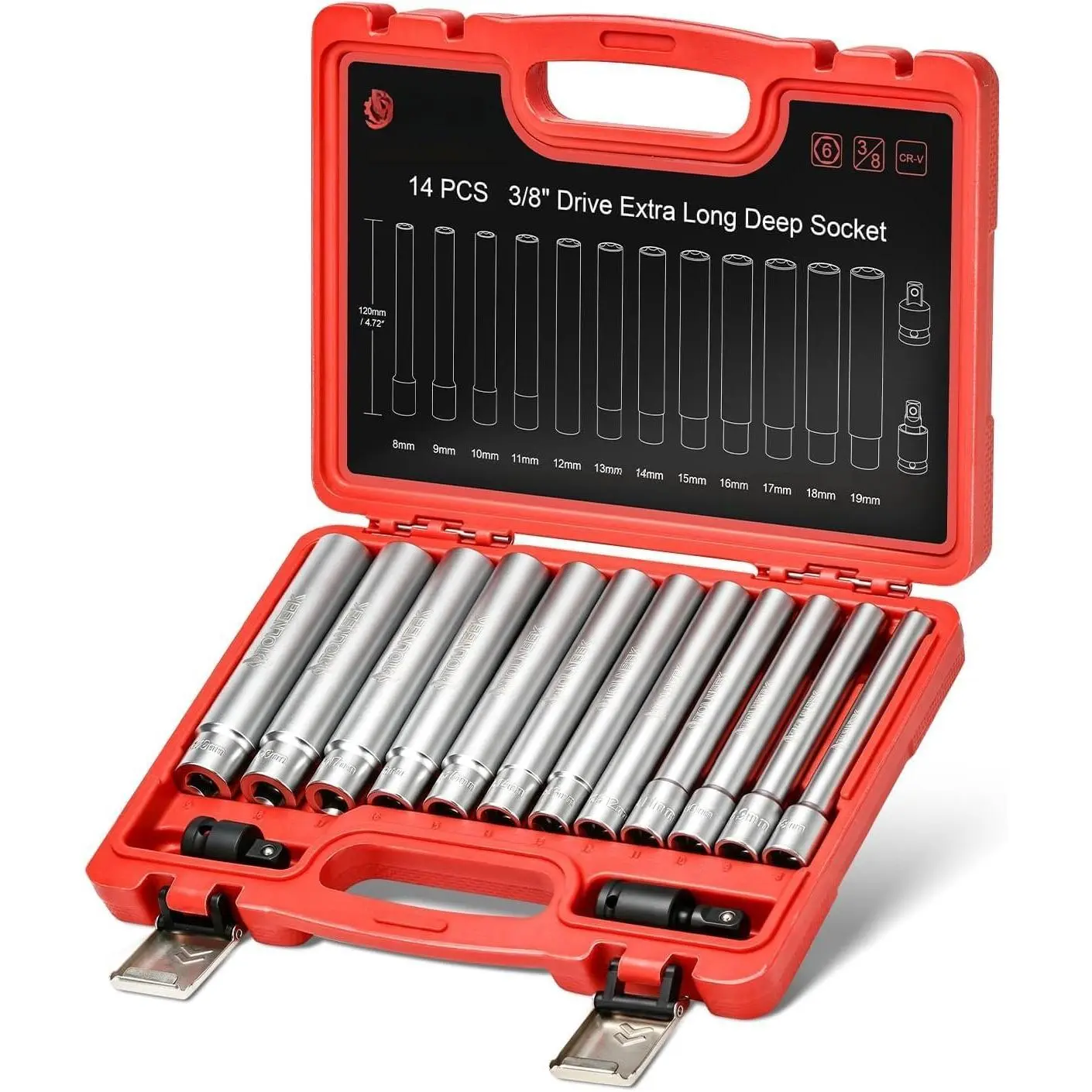 14-Piece 3/8'' Drive 12-Point Extra Deep CR-V Mechanic Tools Socket Set, 8mm-17mm No Skipped Sizes, 120MM Depth for Automotive & Industrial Applications, Tools for Mechanics