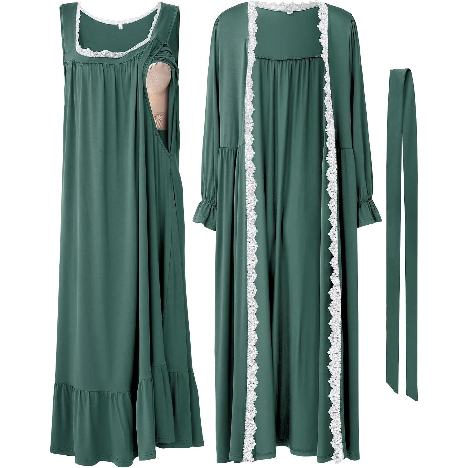 2 Pcs Lace Maternity Nursing Nightgown and Robe Set for Women Nursing Pajamas Gown Breastfeeding Pjs for Hospital
