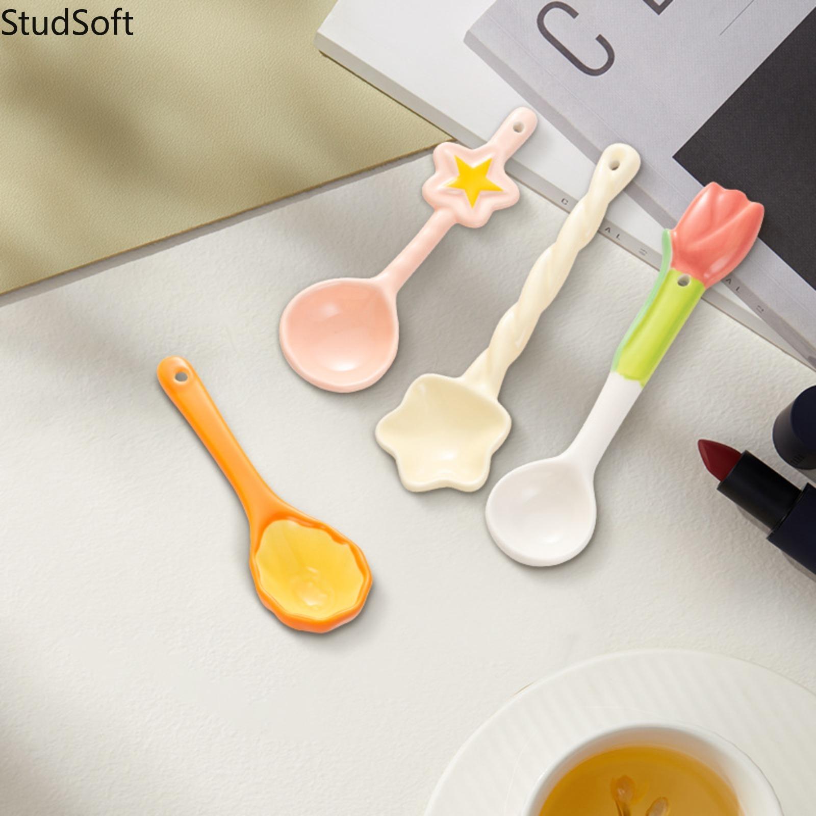Set of 4 Cute & Stylish Cartoon Ceramic Spoons — Long-Handled Soup Spoons for Home Use, Adorable & Fun Utensils for Kids and Adults