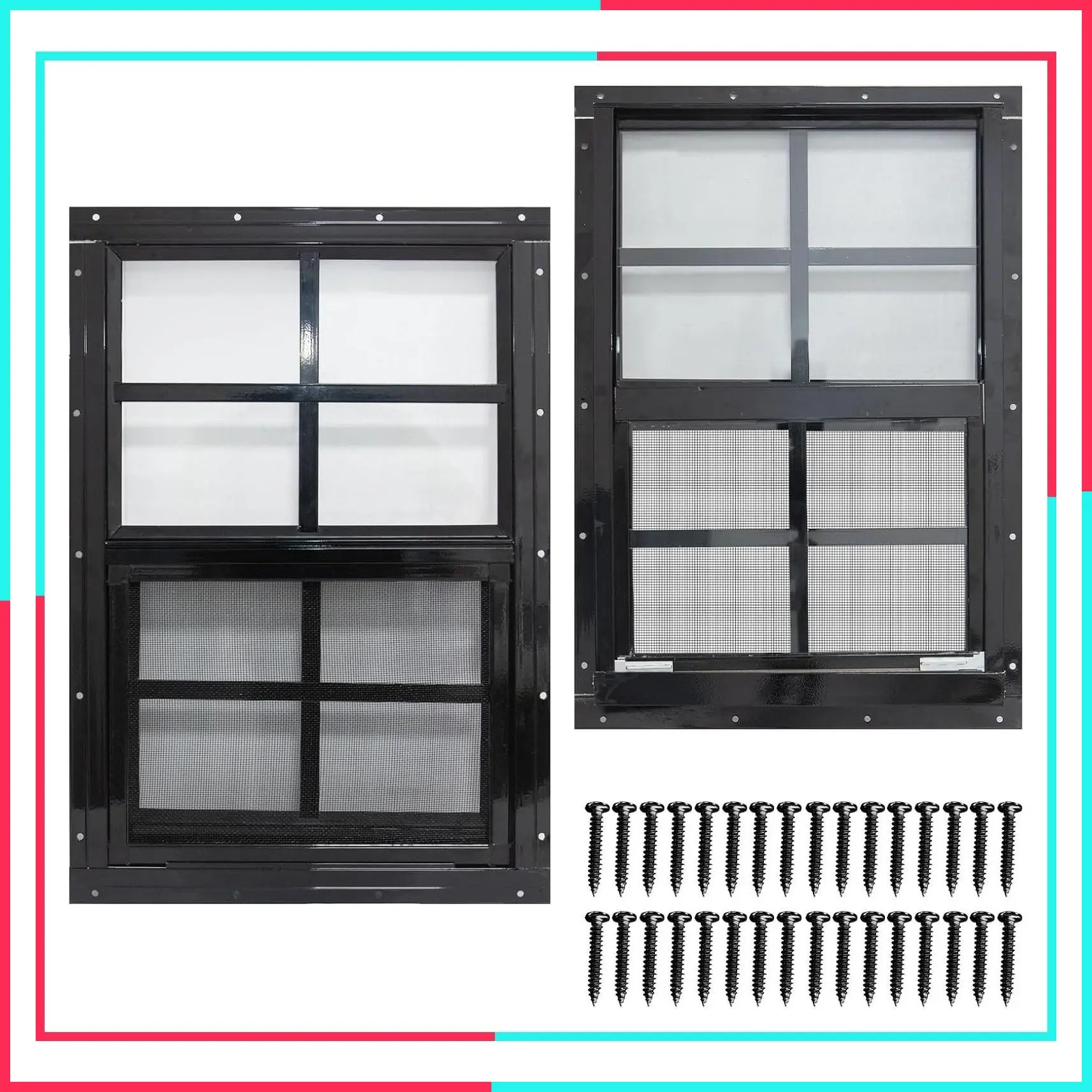 2 Pack 12 x 18 Shed Windows with Black Frame, Tempered Glass and Fiberglass Screen for Shed, Chicken Coop, Playhouse, Household, Garage