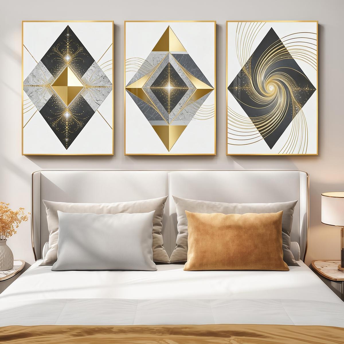 3 Counts Aluminum Alloy Framed Painting, Geometric Gold And Marble Abstract Art Pictures, Home Decoration For Living Room, Bedroom, Office, Restaurant, Hallway Wall Decor, Odorless Print Artwork, Luxury Perfect Gift For Friends And Family