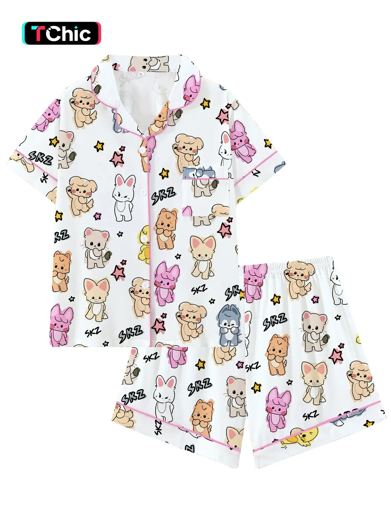 Women's Cute Animal Idol Korean Style Cartoon Print Pajamas, Short Sleeve Open Front Two-Piece Set, Loose-Fit Home Wear Loungewear