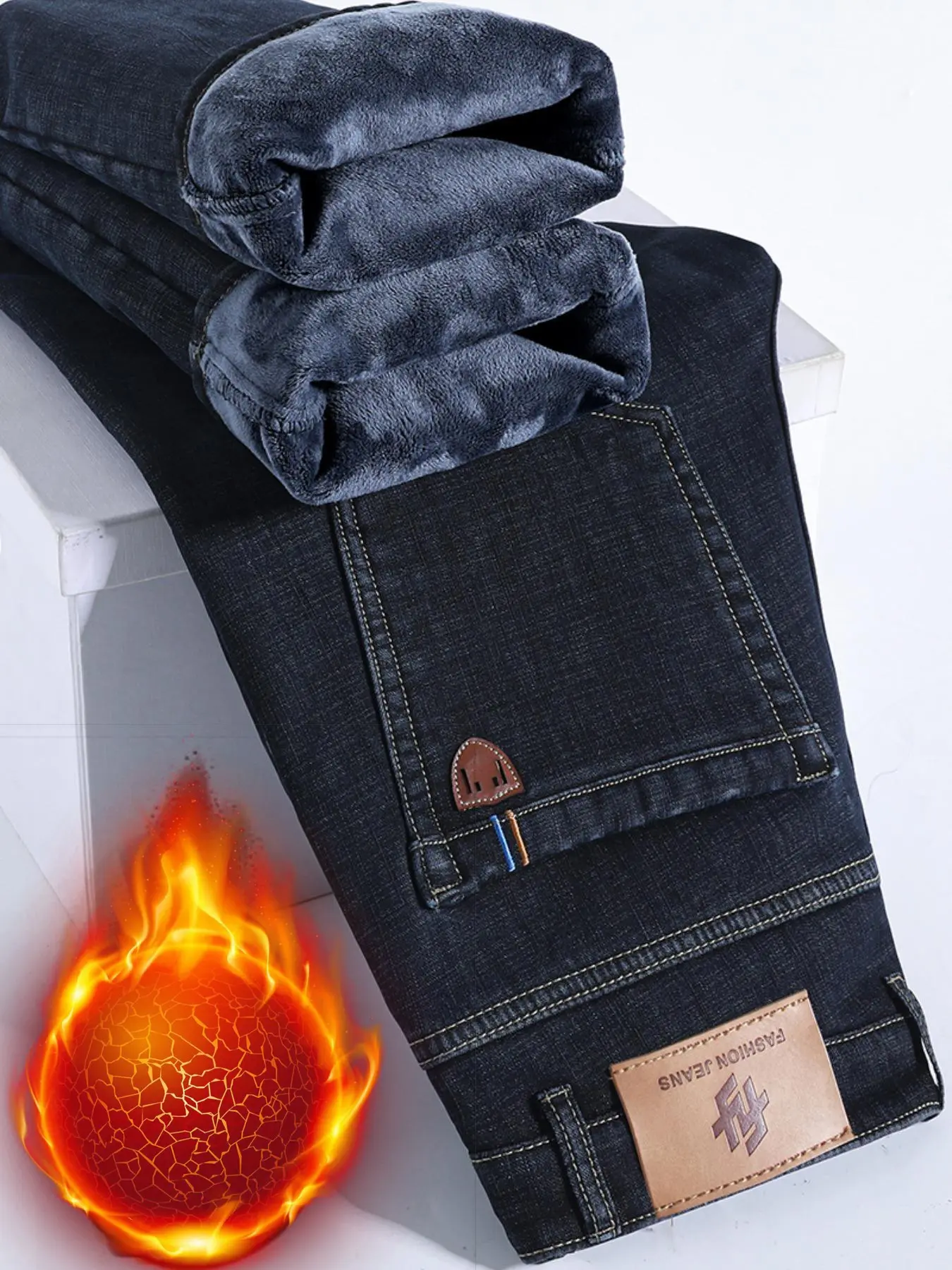 Men's Fleece Lined Thick Jeans, Slim Fit Straight Leg Long Pants, New Cotton Elastic Style, Fall & Winter Warm Clothing