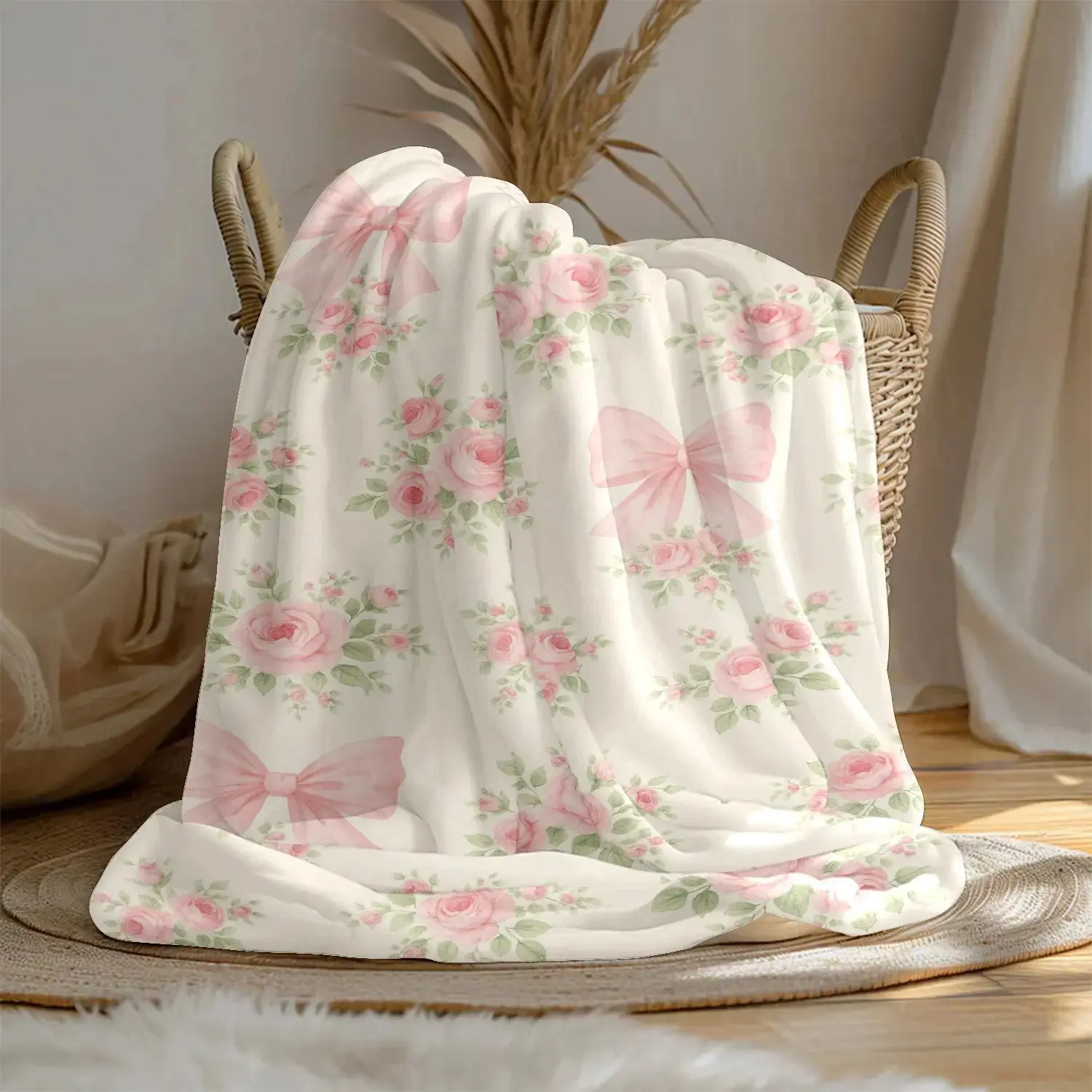 Large Flannel Throw Blanket - Unisex Multi-Size Afghan-Style Fluffy Warm Bedding with Rose Pattern, Pink Rose, Pink Bow, Green Leaf Art Print for Camping, Sofa Textile, Throw Blankets