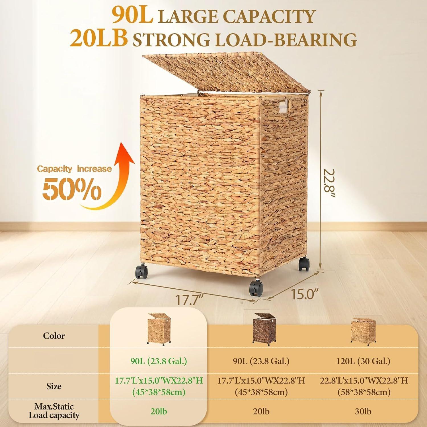 Wicker Laundry Hamper with Lid & Wheel, 23.8 Gallon (90 L) Handwoven Water Hyacinth Laundry Basket with Removable Liner & Handles, Sturdy Steel Frame for Bedroom Bathroom Laundry Room Wicker Laundry Hamper with Lid & Wheel, 23.8 Gallon (90 L) Handwoven Water Hyacinth Laundry Basket with Removable Liner & Handles, Sturdy Steel Frame for Bedroom Bathroom Laundry Room