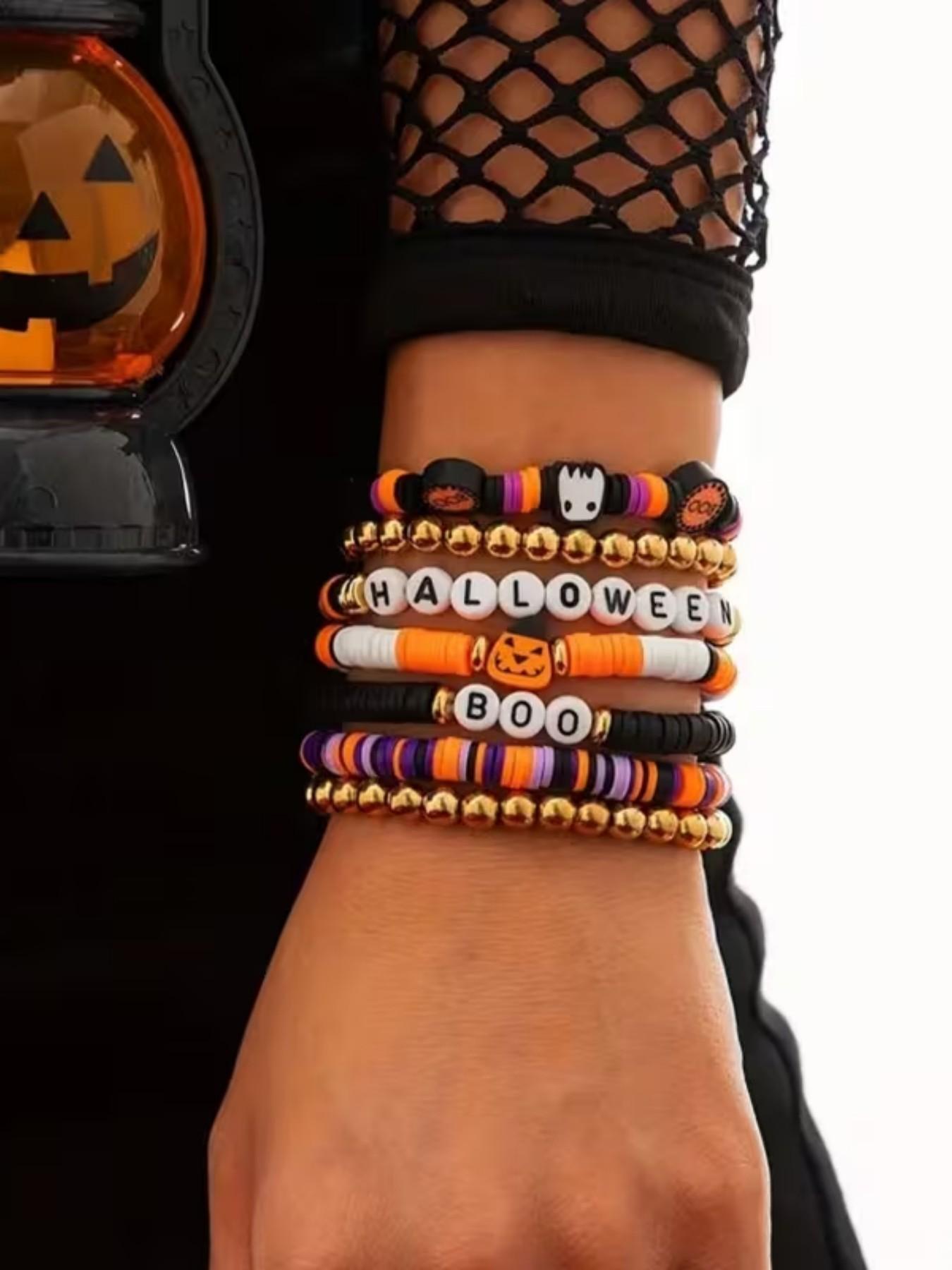 7pcs Halloween Themed Party Bracelets, Cool & Spicy Vintage Pumpkin Head Design, Polymer Clay Beaded Jewelry Set, Fashion Bracelet Sets, Perfect for Festive Events