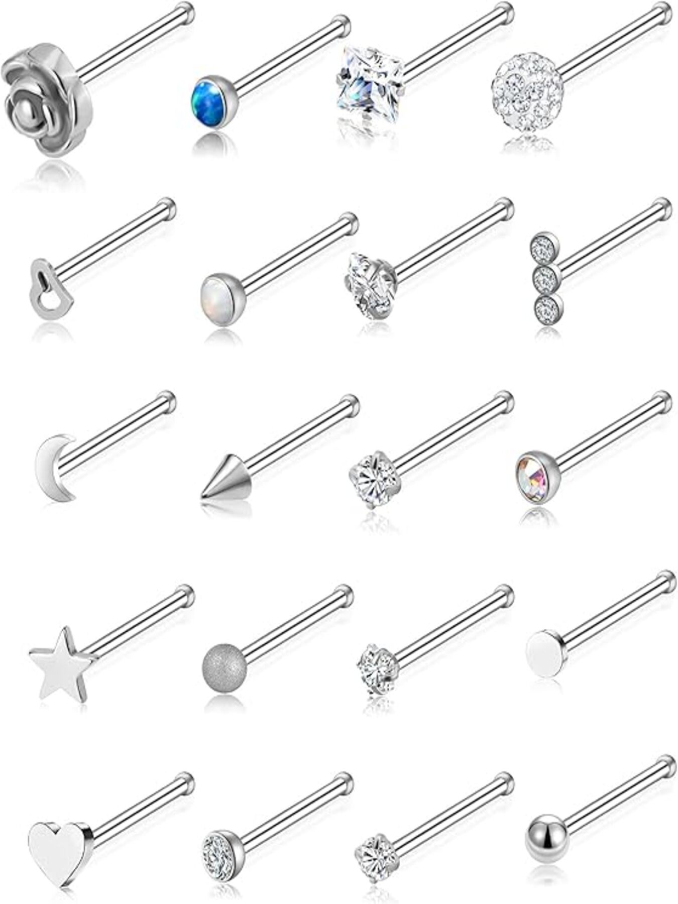 20 Pcs Nose Rings Trendy & Dazzling Style (Multiple Styles with Shiny Crystal Accents & Straight Bar-Shaped Design) for Women & Girls (Daily Wear, Parties & Piercing Styling)