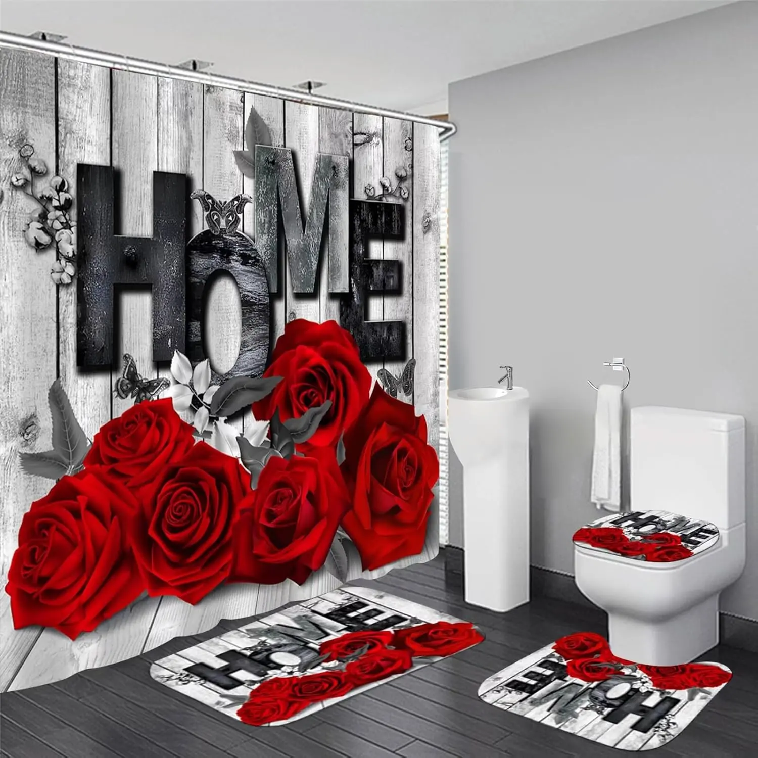 Red Rose Valentines 4 Pcs Shower Curtain Sets Non-Slip Rugs Bath Mat Toilet Cover U Shaped Mat Romantic Red Bathroom Decor with 12 Hooks Valentines Day Bathroom Set