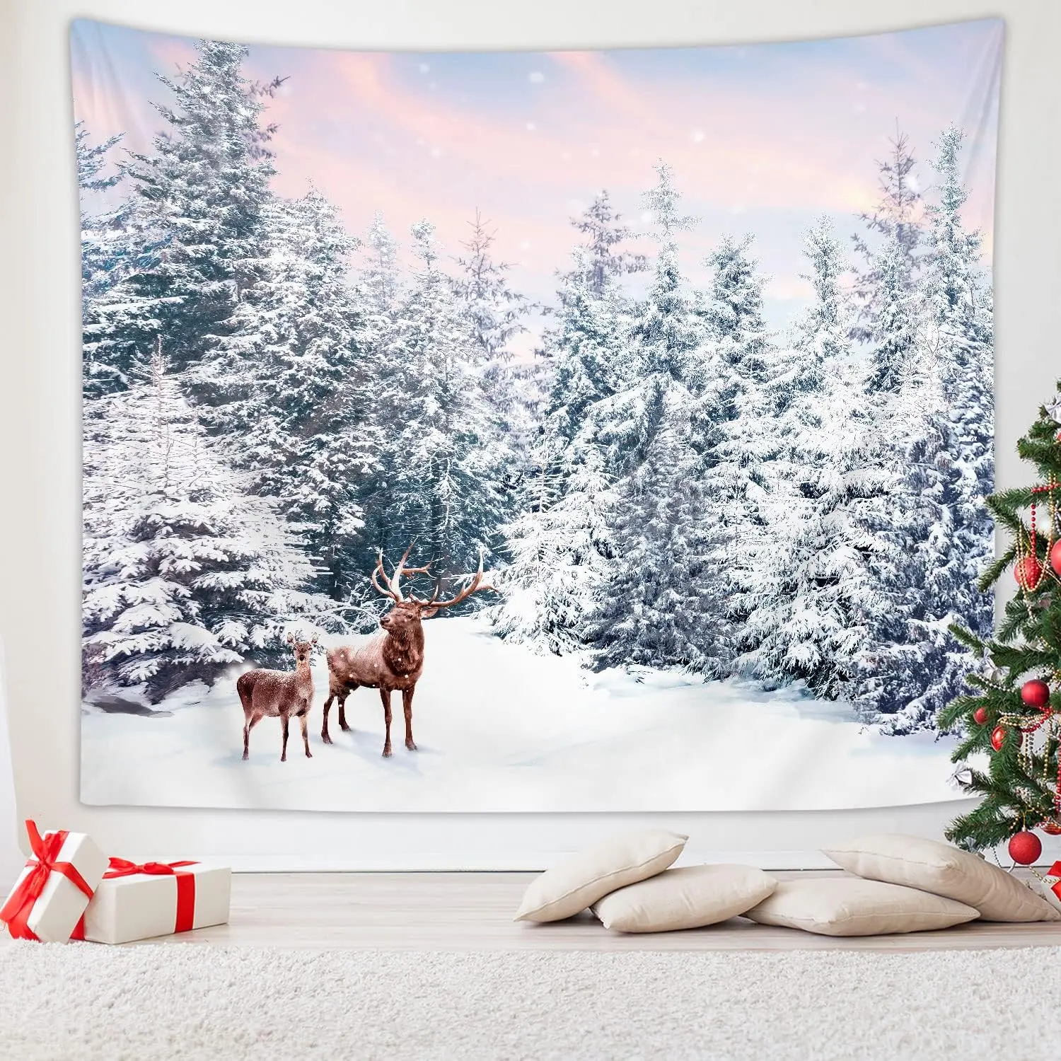 Christmas Wall Hanging, Deer Forest Winter Snow Tapestry with Santa Claus, Xmas Holiday Decor for Bedroom, Dorm
