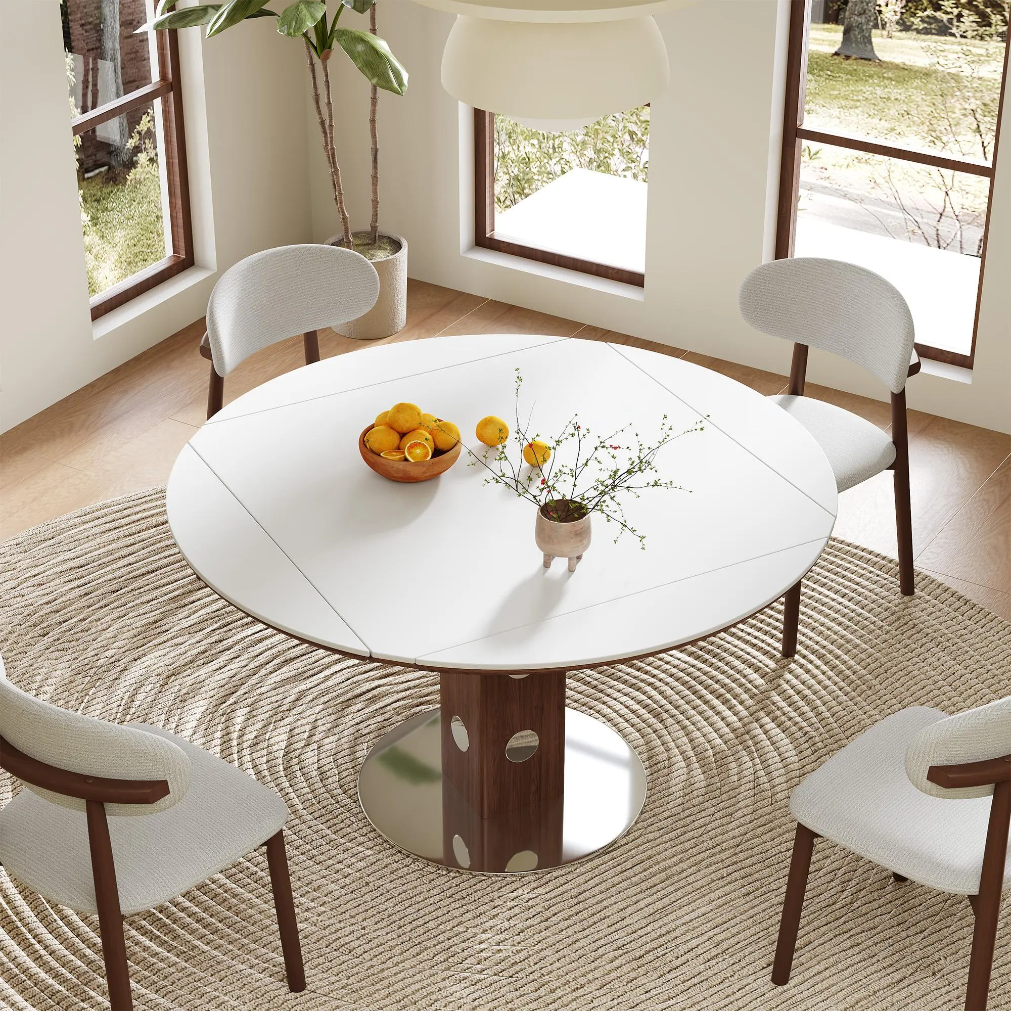 47.2" Extendable Round Dining Table for 4-6, Folding Drop Leaf Kitchen Table with White Sintered Stone Top and Walnut Wood Pedestal Base, Space-Saving for Small Apartments