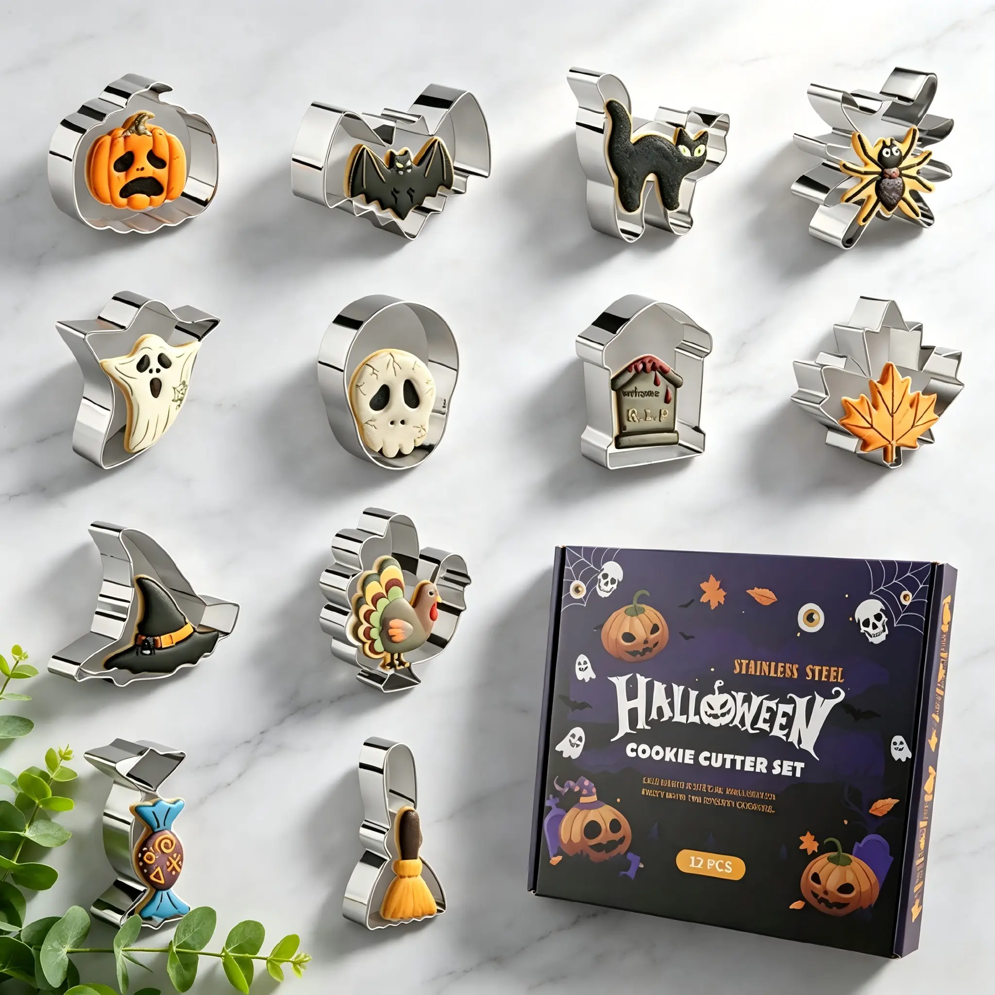 12PCS Halloween Cookie Cutter Set Food Grade Stainless Steel Pumpkin Ghost Witch Hat Bat Cat Spider for Party DIY Baking Decor Durable Easy Clean Multi-Use Biscuit Sandwich Fondant Cheese Baking Tool