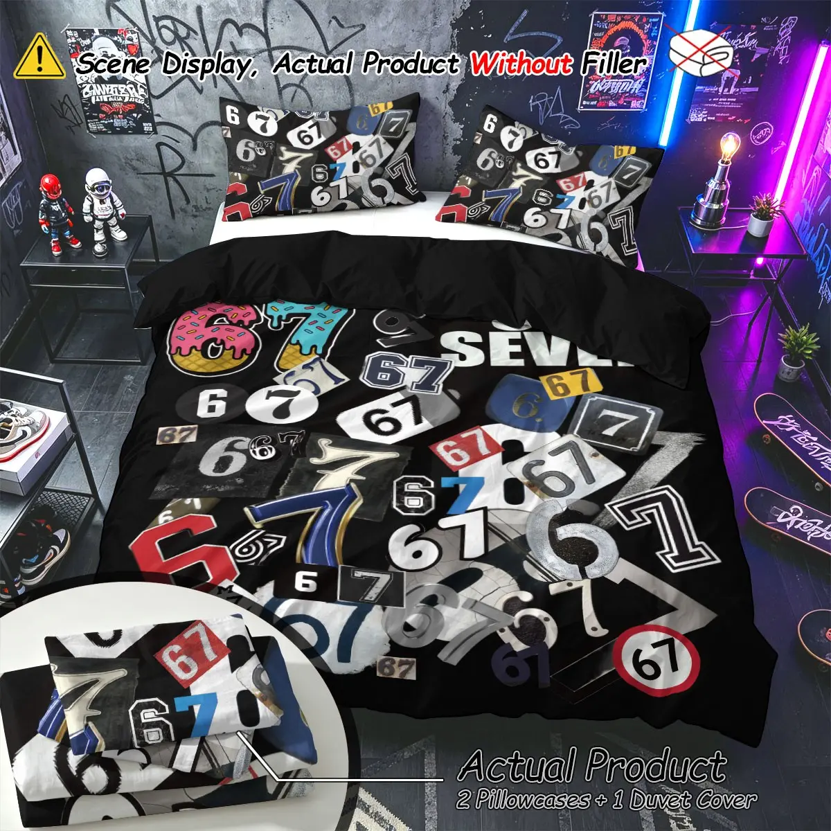 67 Internet Meme Theme 3-Piece Bedding Set, Decorative bedding set (1 duvet cover + 2 pillowcases, no insert) Retro street style black background with number 67 patchwork print duvet cover set, suitable for room decor, and makes a great gift