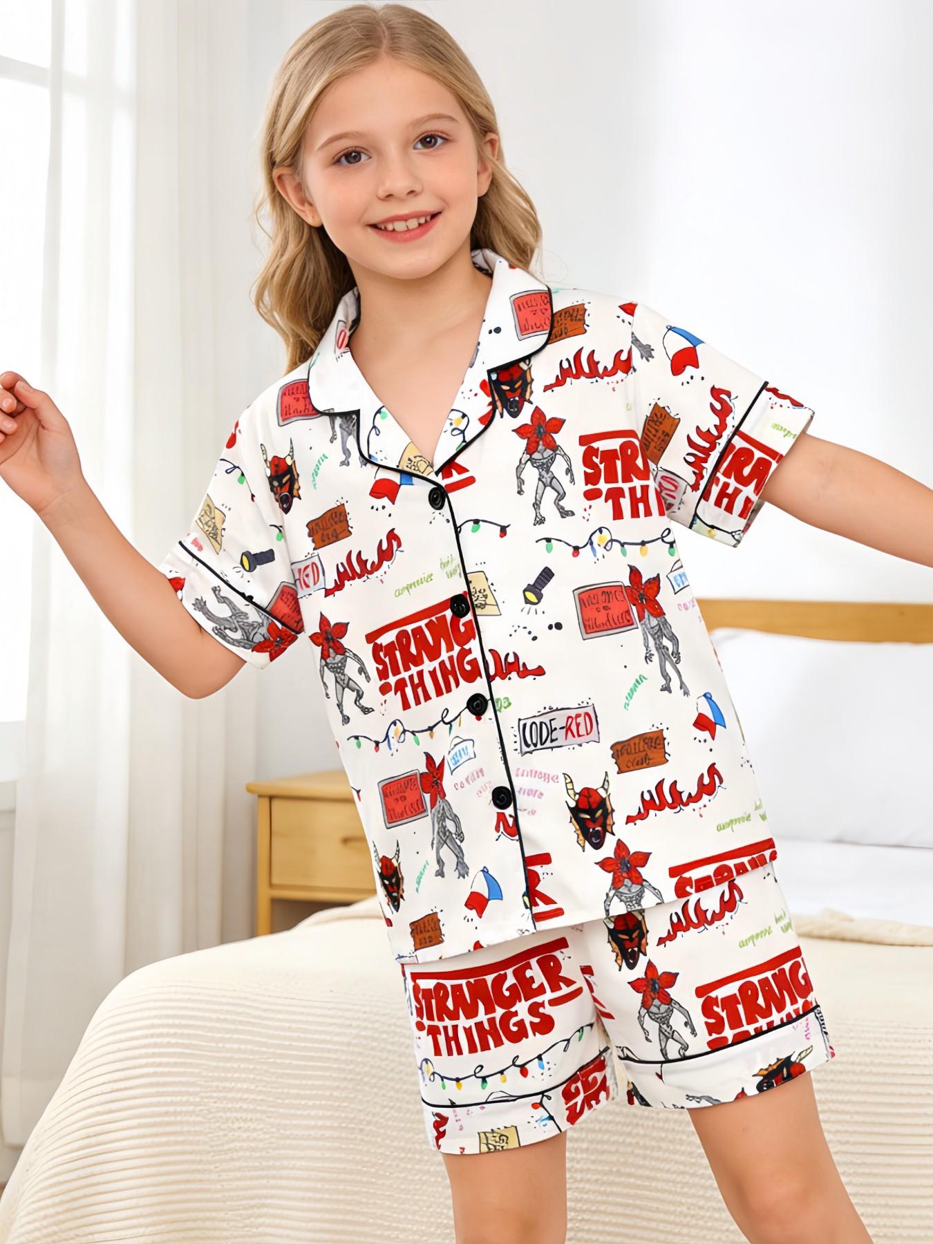 Kids Pajama Set, Cartoon Monster Pattern, Fashion Open-Cardigan Short Sleeve, Flame-Retardant Knit, All Seasons, Party Gift