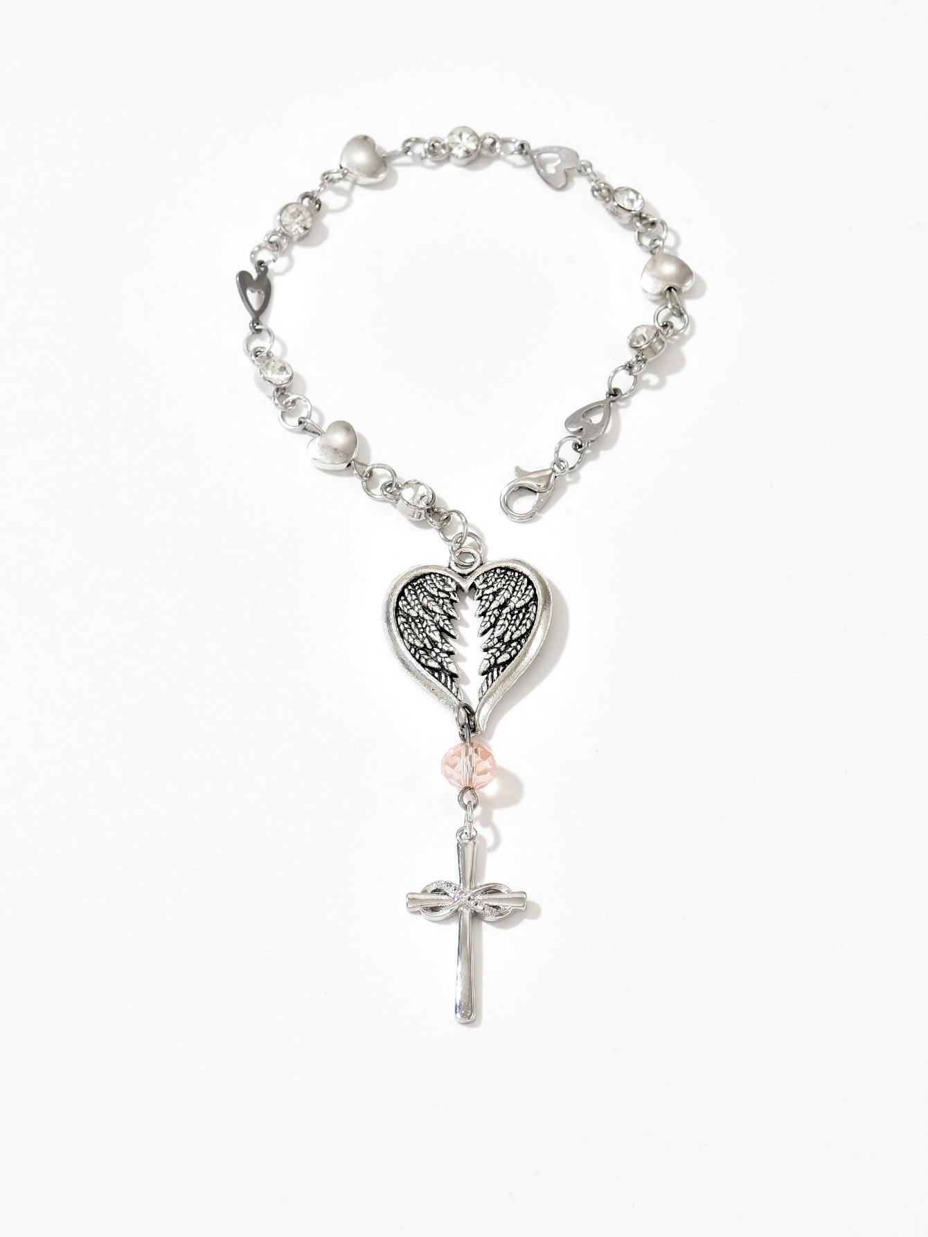 Guardian Angel Heart-shaped Steel-colored Wings Steering Wheel Charm Cross Pendant Accessory