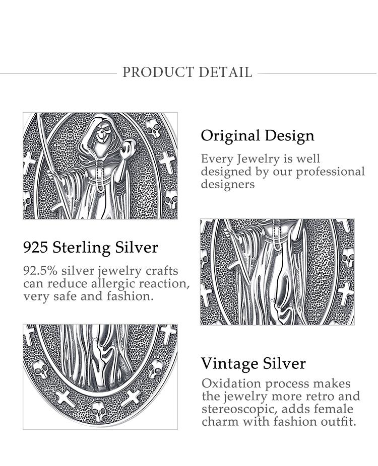 Santa Muerte Protection Pendant Necklace, 925 Sterling Silver Amulet, Mexican Saint Medallion, Holy Death Folk Amulet, Day of the Dead Jewelry