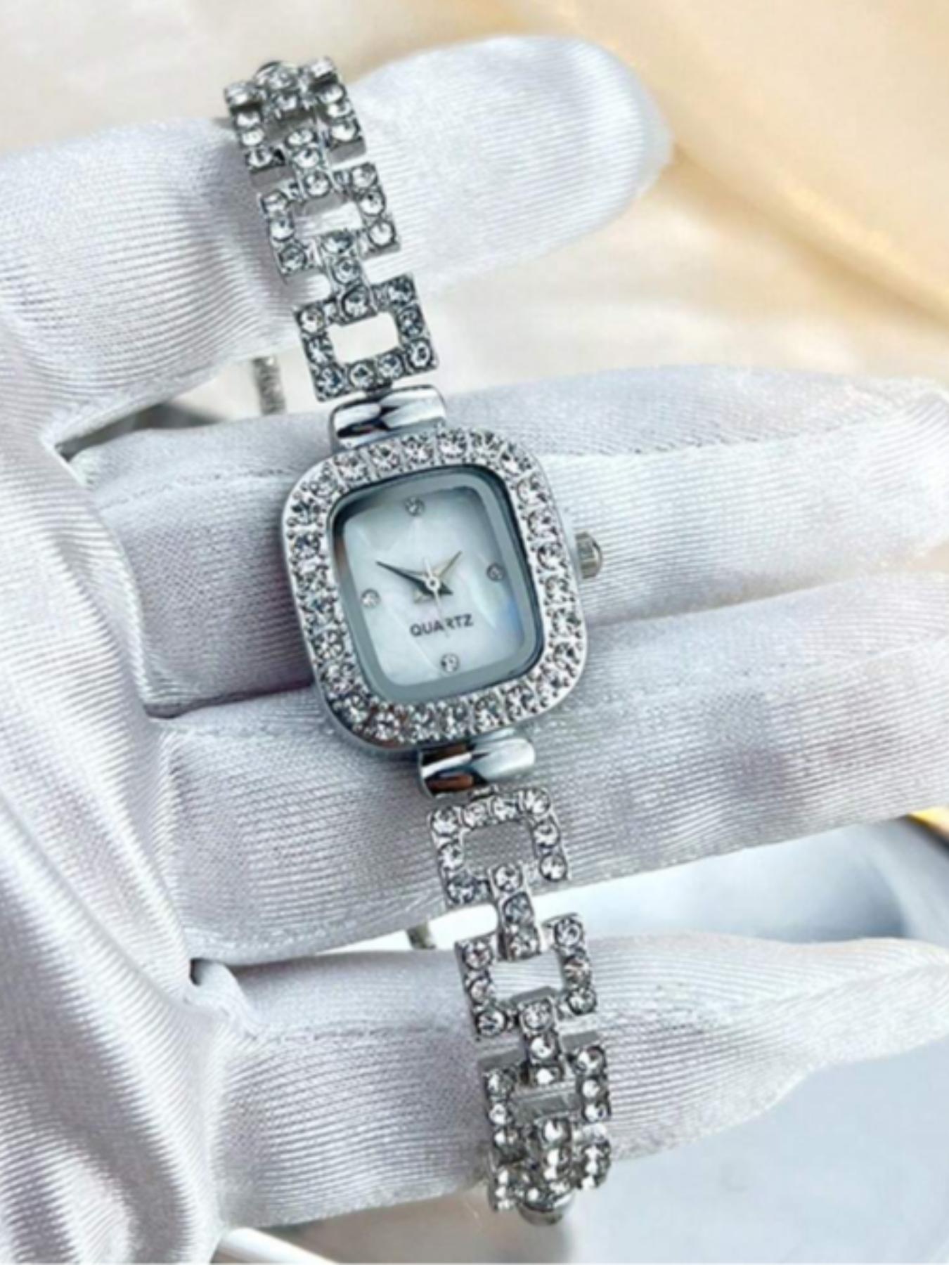 1pc Women's Silver Square Case Watch With Rhinestone Scale Dial, Diamond-Encrusted Square Design, Adjustable Chain, Quartz Movement, Hip-Hop Style