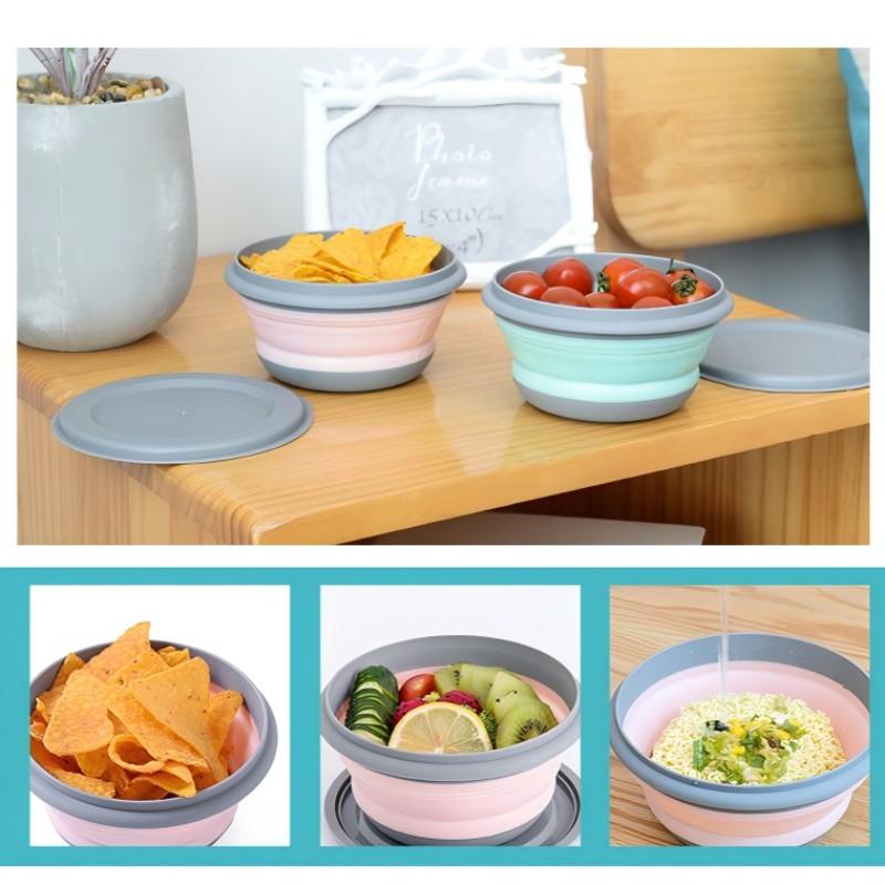 3-Pack Foldable Camping Bowls with Lids, Expandable Food Storage Containers, Stackable Durable Bowls for Salad and Lunch, Essential Camping Gear