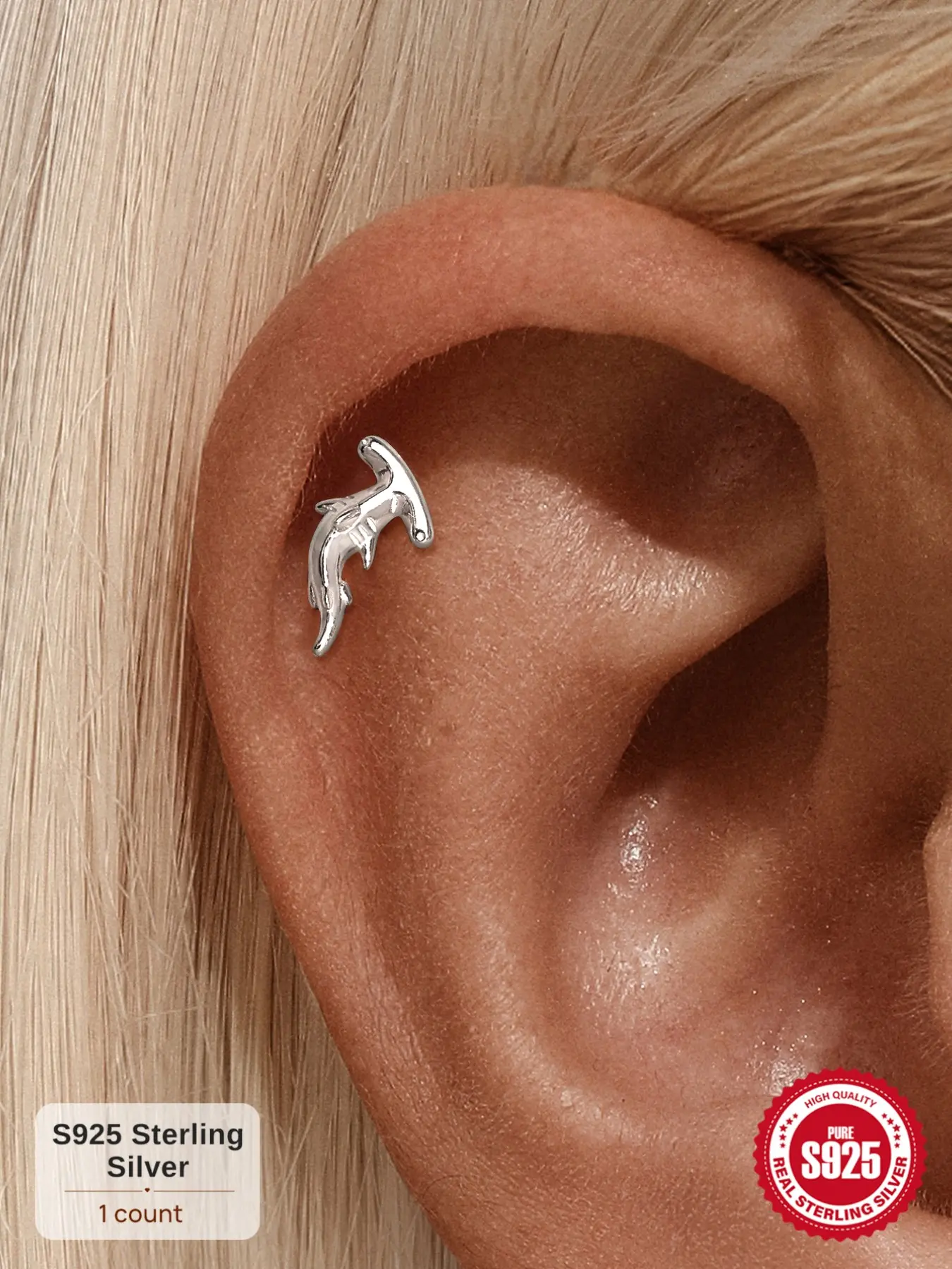 18k Gold Plated S925 Silver Flat Back, 1Pc Comfortable High-Polished Hammerhead Shark Piercing Stud, Waterproof Daily Wear Office Aesthetic Casual Dating, Perfect Birthday Mother’s Day Christmas Gift for Men Women Wedding Set