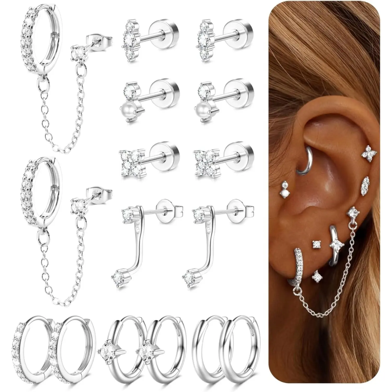 Fansilver 14K Plated Gold Earrings for Women Flat Back Earrings Stacks Hypoallergenic Stainless Steel Earring Set Chain Cartilage Earrings - Helix Piercing Jewelry for Women Trendy