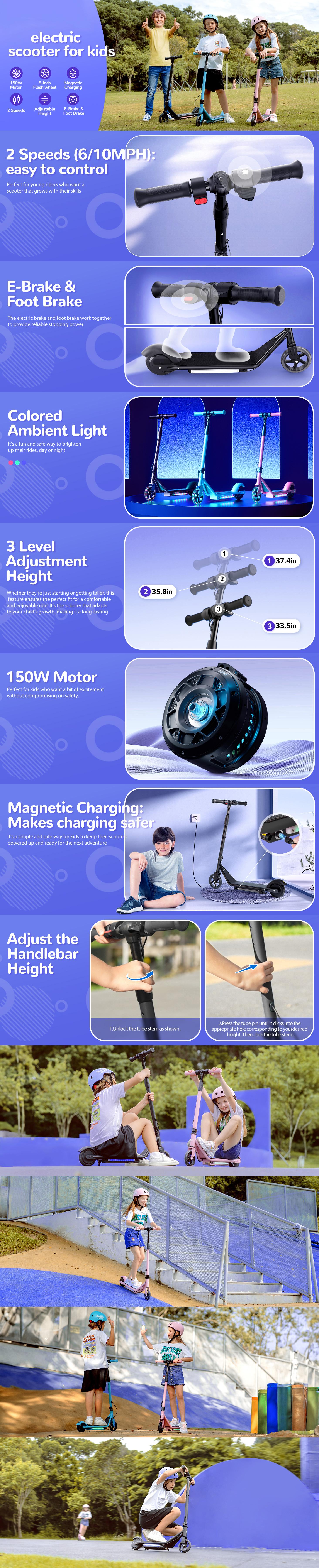 【Children's Gift】Foldable Kids Electric Scooter (Ages 6 - 14): 150W-200W Motor, 3 - Speeds (5/8/12 Mph), Dual Brake, LED Display, Colorful Lights, UL 2272 Certified, 5 - inch Flash Tire, 154lb Max Load, 18V2.6Ah - for Kids