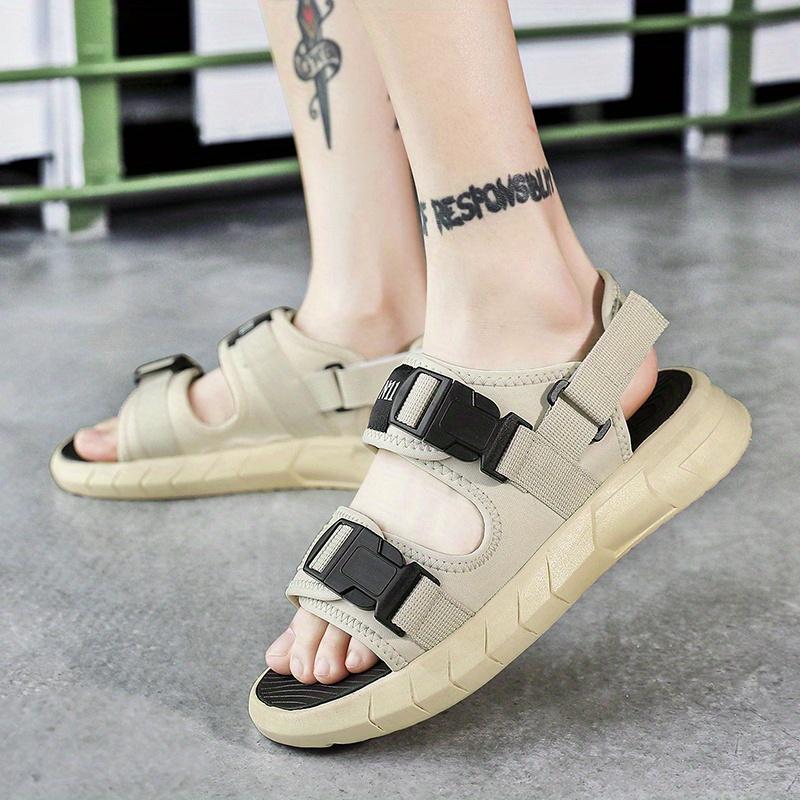 Men's sports sandals and slippers - beige fabric upper, black straps and buckles, TPR sole, Velcro closure, comfortable outdoor sports shoes for all-day wear