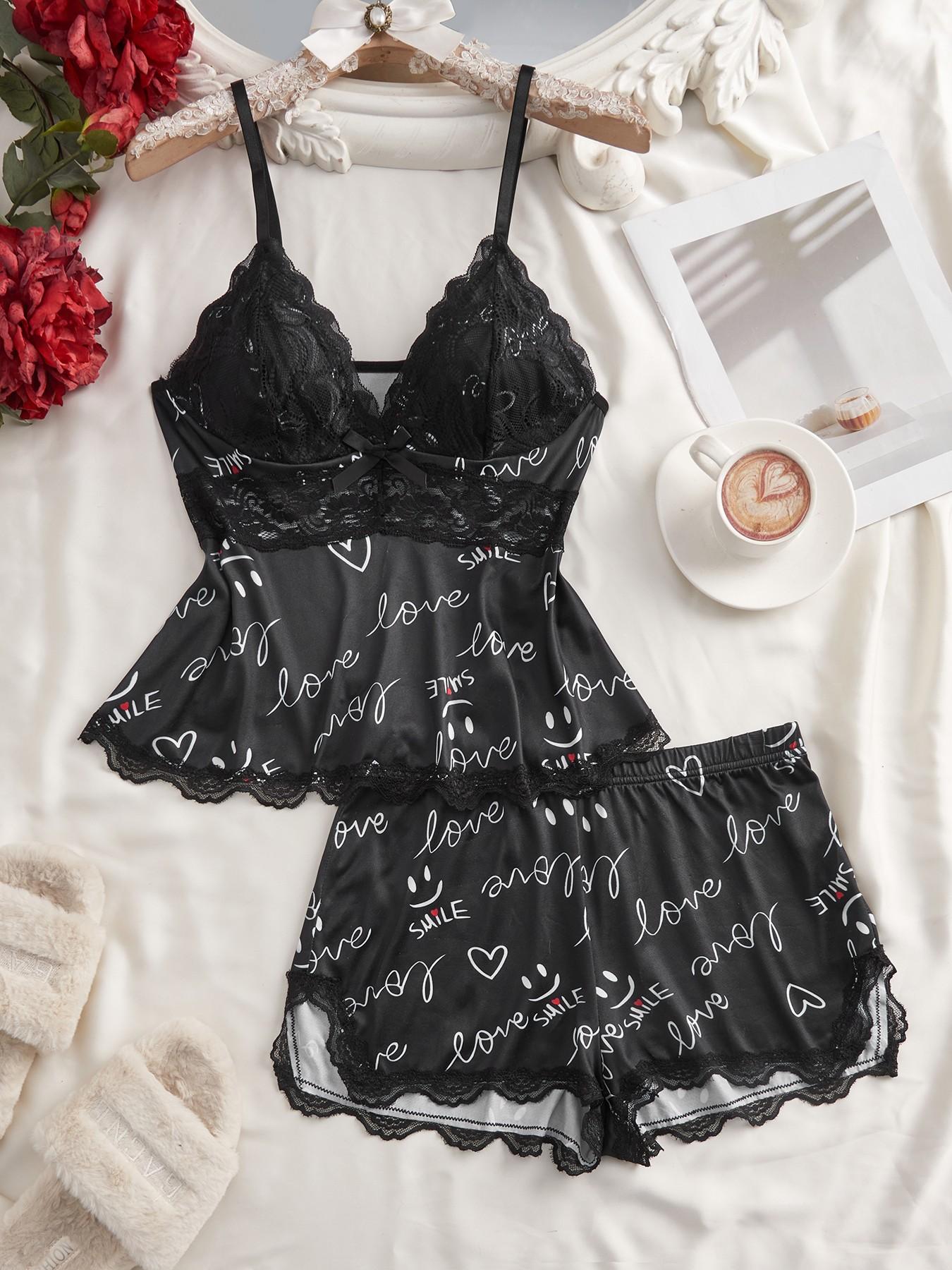 Women's Solid/Leopard Print Cami Top & Lace Trim Shorts Pyjama Two-piece Set, Casual Comfy Fitted Camisole & Shorts PJ Set, Ladies Sleepwear for All Seasons