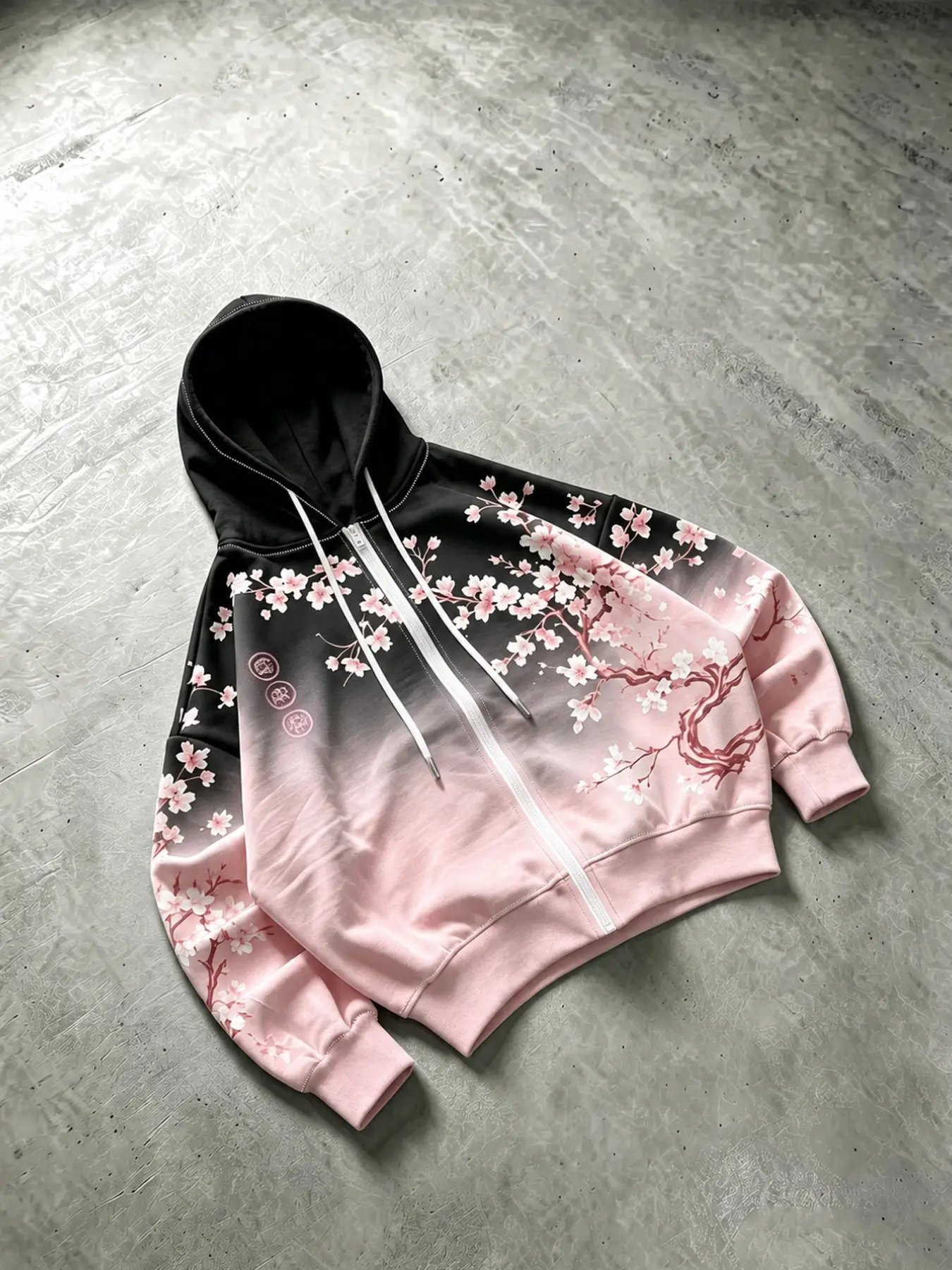 Unisex Y2K Japanese Sakura Cherry Blossom Print Zip-Up Hoodie - Pink & Black Gradient Oversized Sweatshirt for Casual Daily & Fall Fashion