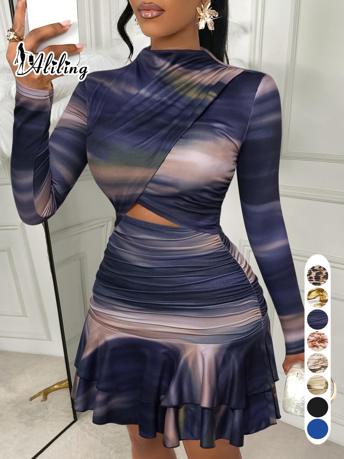 Aliling Women's Elegant Floral Print Dress with Stand Collar, Long-Sleeve Hollow-Out Design and Ruffled Hem, Fall Fashion Mini Dress for Parties