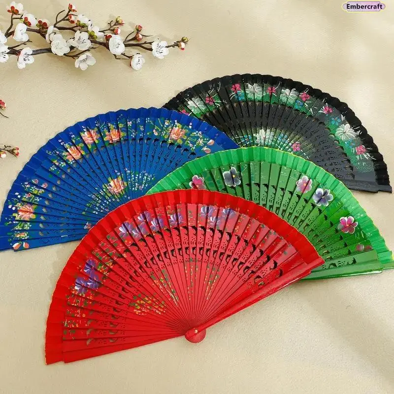 Women's Wooden Wedding Hand Fan - 1pc 23cm Vintage Floral Print Silk, Hollow Lightweight, Smooth Open/Close, Portable Decorative Dance Prop with Bag for Weddings, Office Decor, Gifts