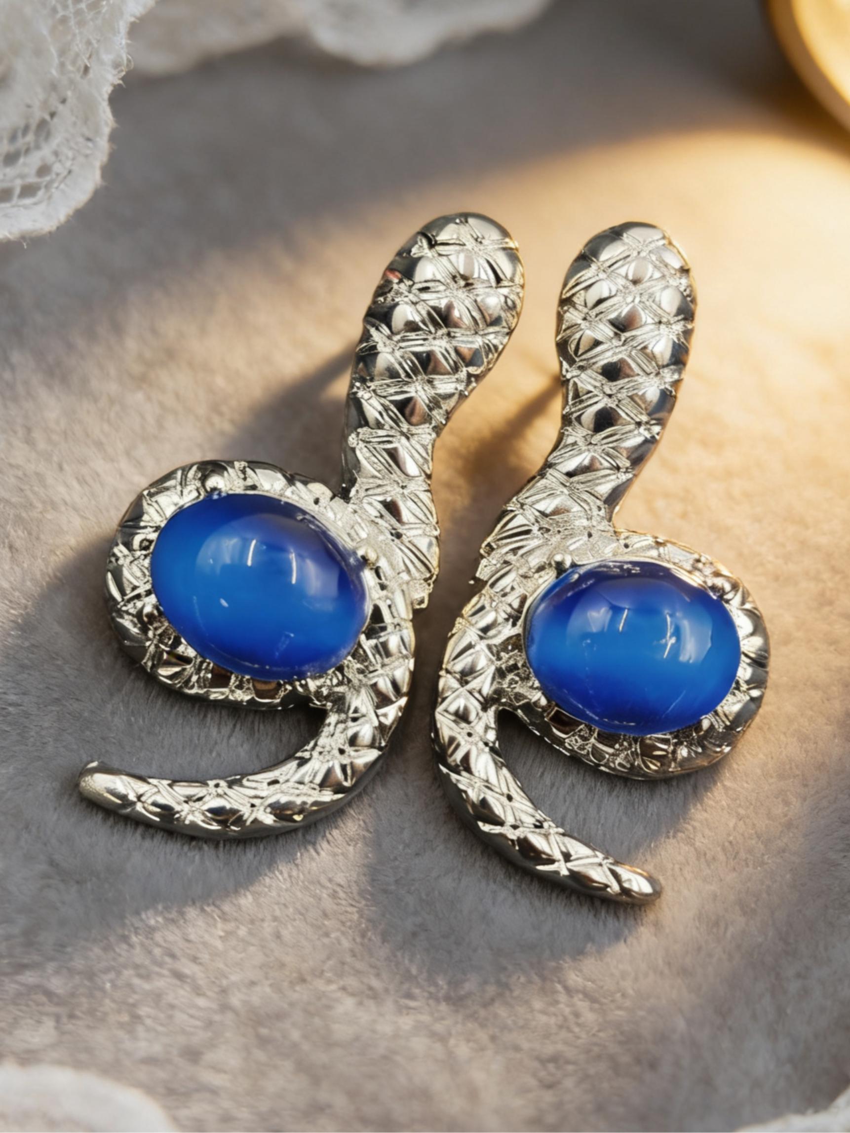 Vintage Snake Shape Blue Agate Stud Earrings, Unique Design High-End Jewelry, Luxurious Snake Pattern Gemstone Ear Rings