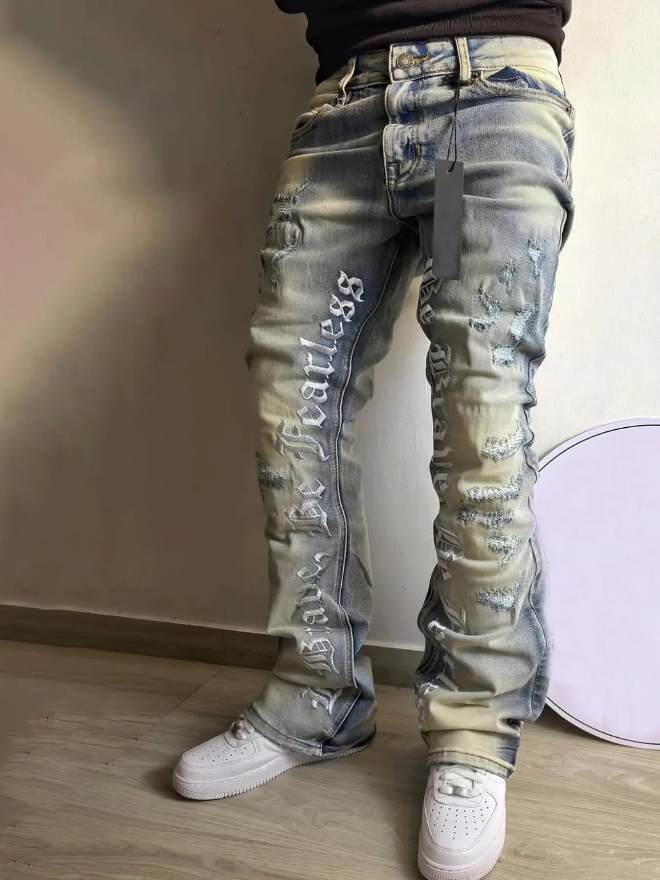 Men's Embroidered Jeans, Micro Flare Denim Jeans, Letter Stitching, Tight Fit, Ripped Bell Bottoms, Washed Y2K Streetwear Aesthetic Style, All Seasons
