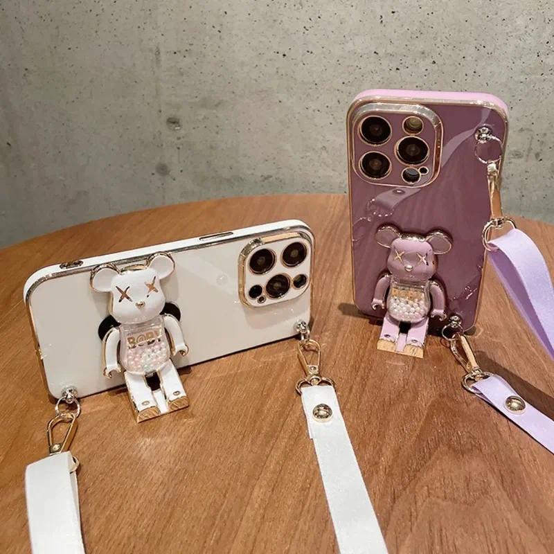 Plating Cover Quicksand Bear Stand Phone Case with Lanyard Strap, Ring & Dustproof Design for iPhone 15 14 13 12 11 Pro Max 7 8 Plus, Scratch Resistant