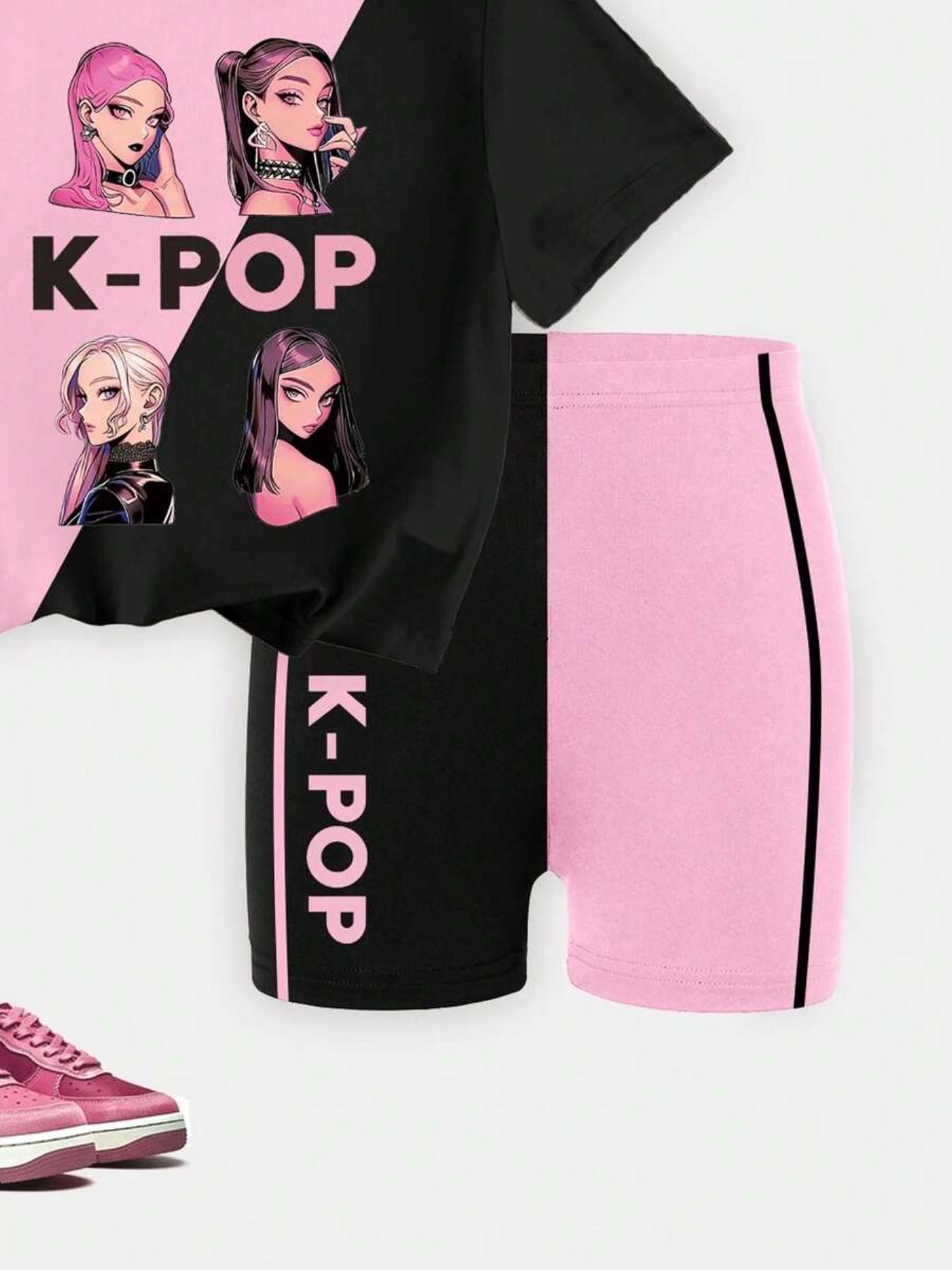 K-Pop Girl Summer, Colorblock Letter Print T-Shirt + Slim Fit Shorts, Stage Performance Costume, Cartoon Pattern